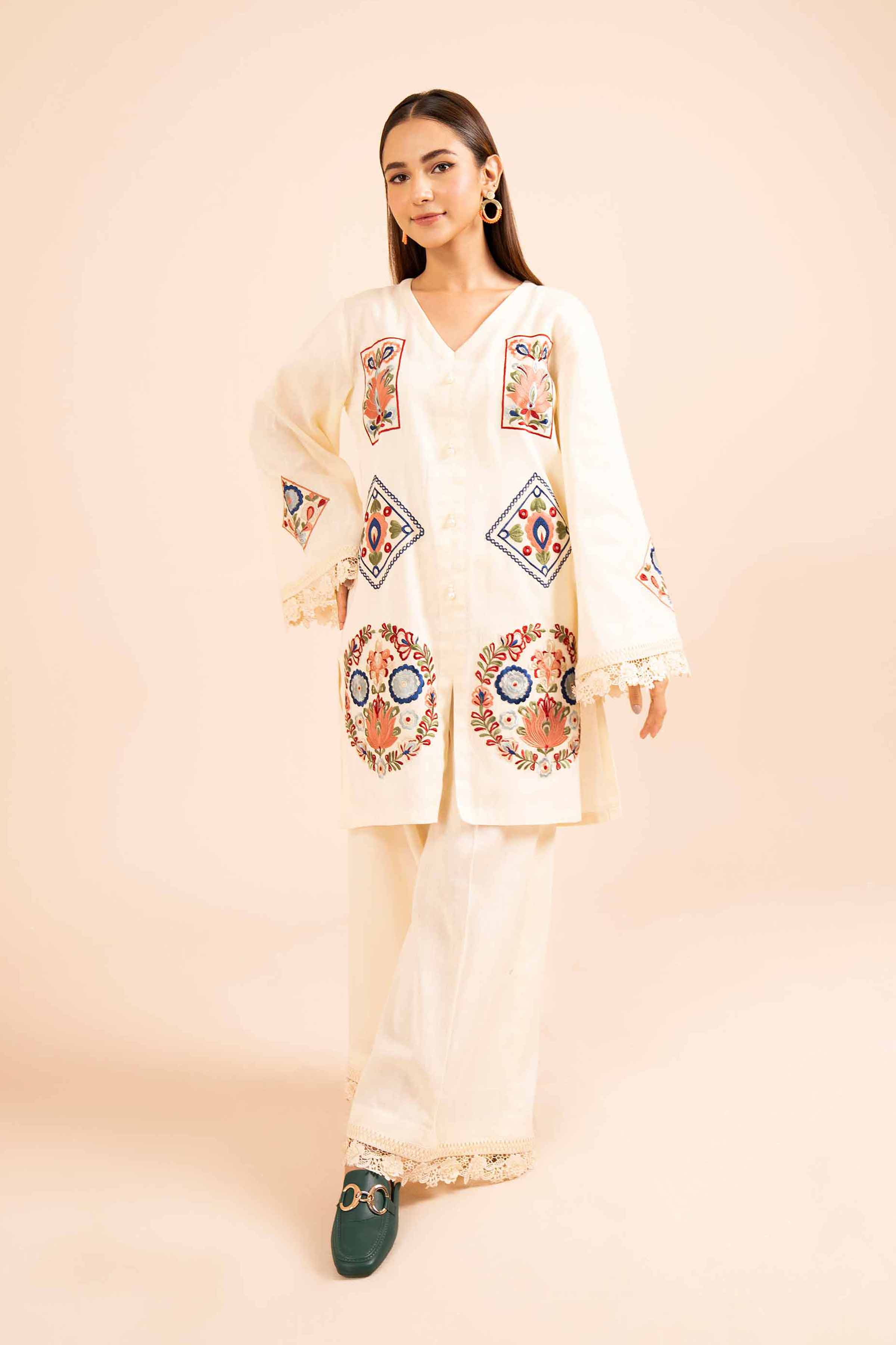NishatUK - Beige Embroidered  Cotton 2-piece unstitched Dress