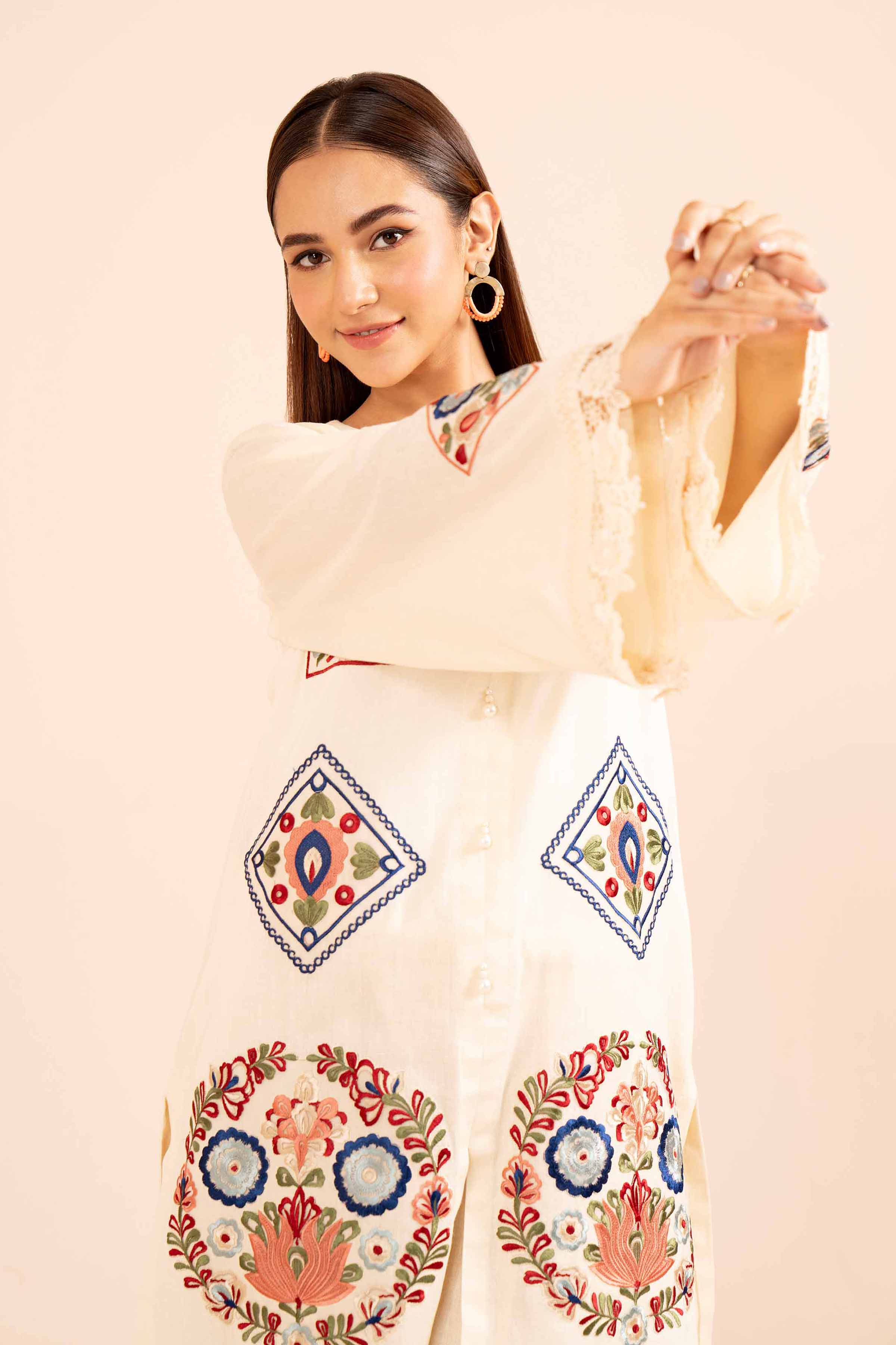 NishatUK - Beige Embroidered  Cotton 2-piece unstitched Dress