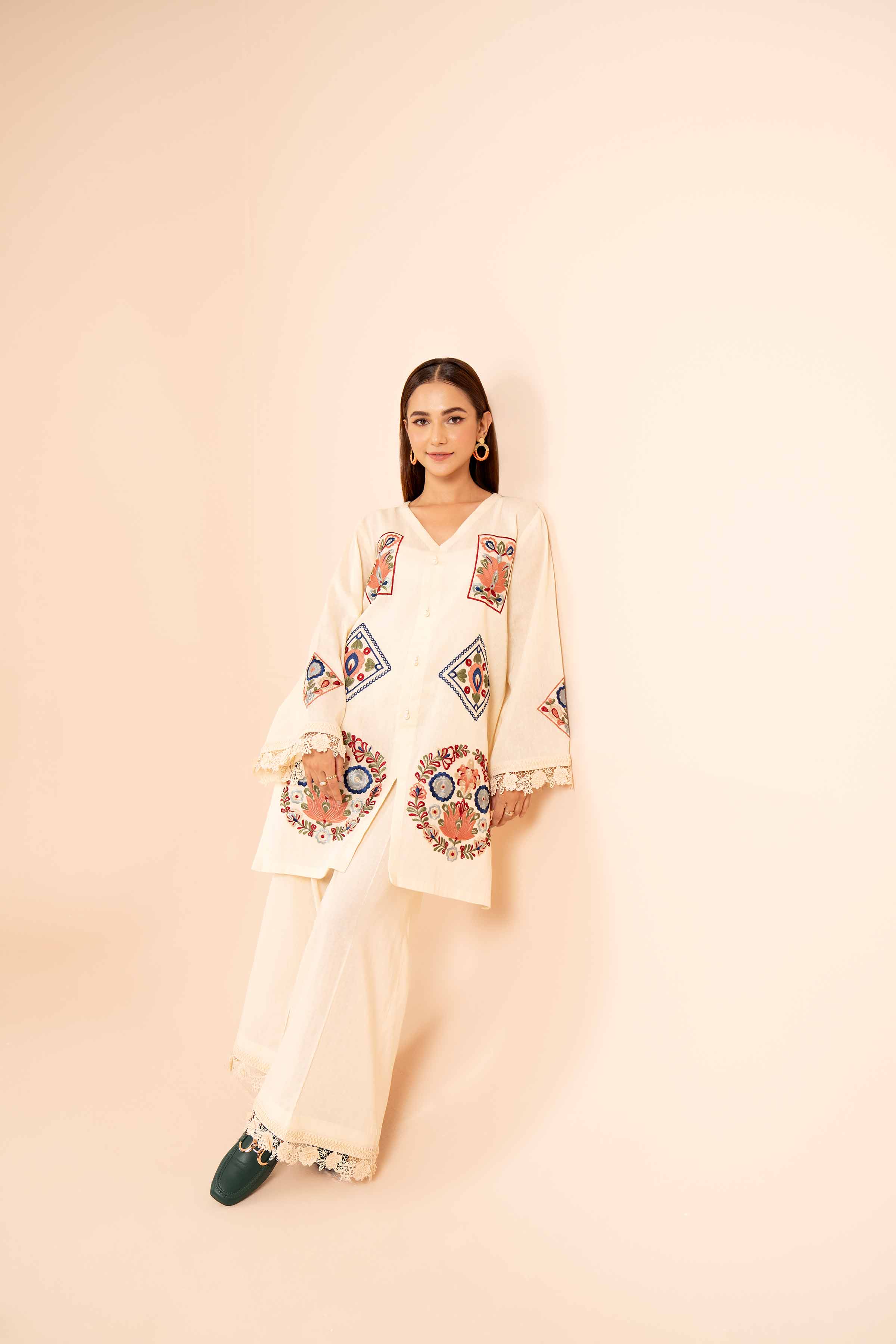 NishatUK - Beige Embroidered  Cotton 2-piece unstitched Dress