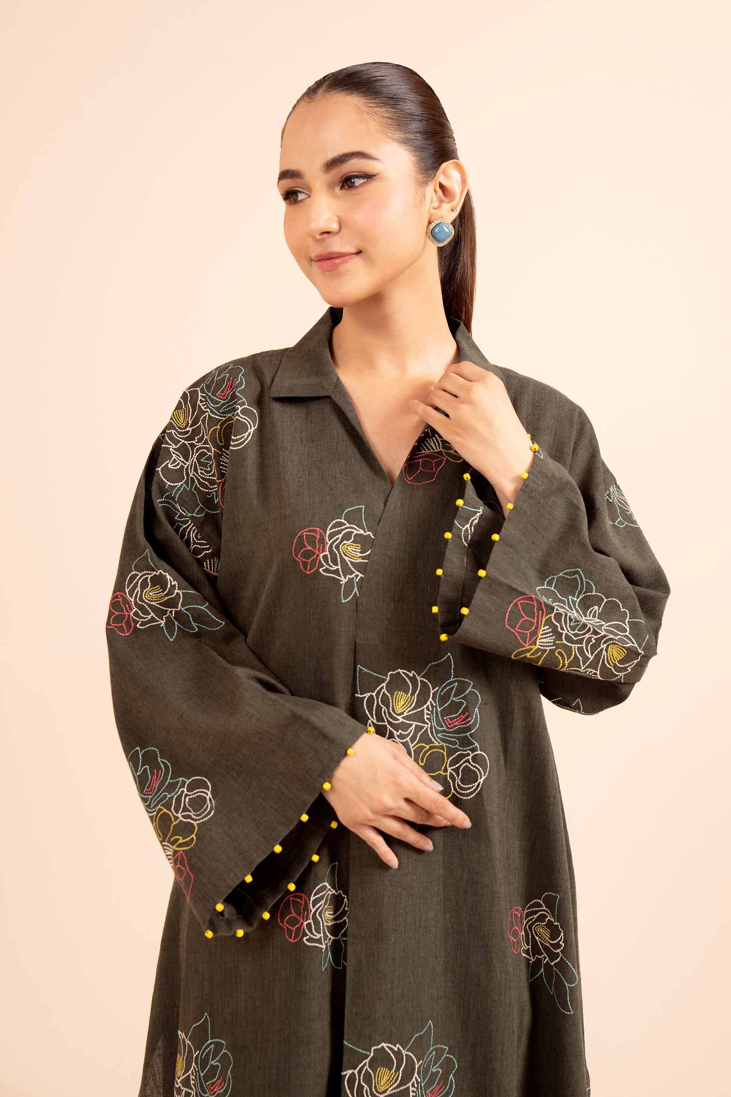 NishatUK - Green Embroidered  Linen 2-piece unstitched Dress