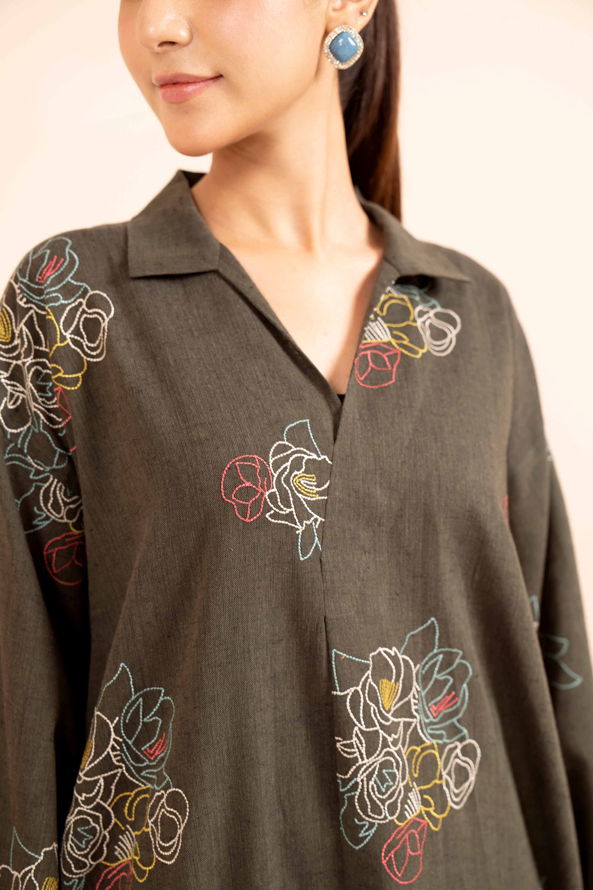 NishatUK - Green Embroidered  Linen 2-piece unstitched Dress
