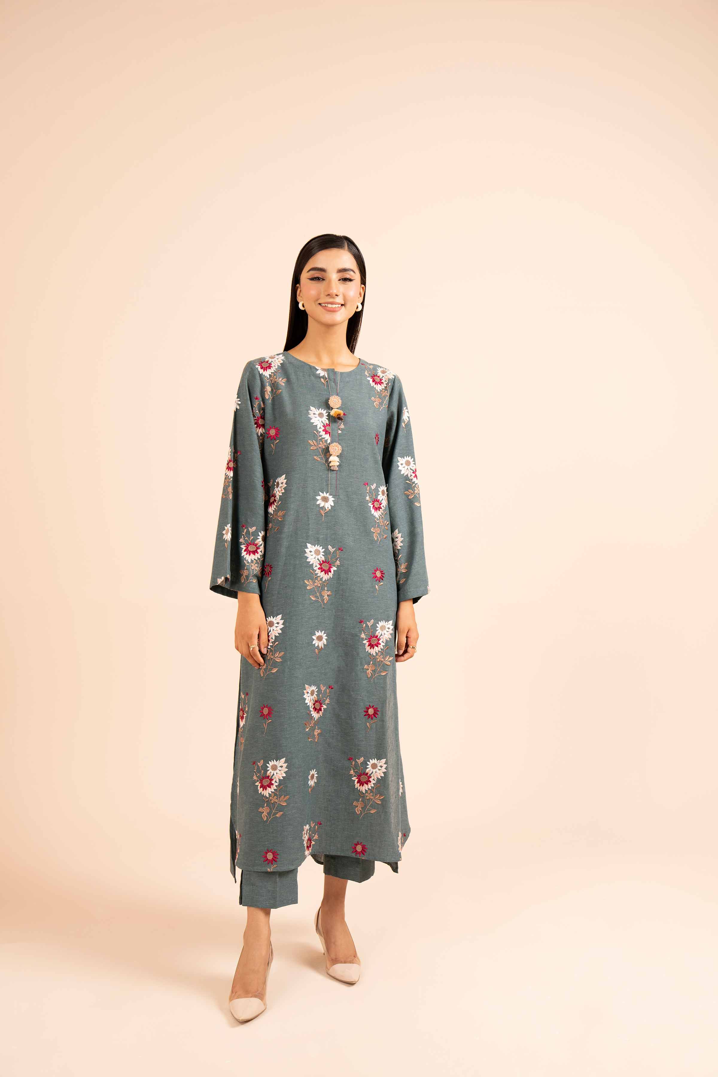 NishatUK - Teal Embroidered  Linen 2-piece unstitched Dress