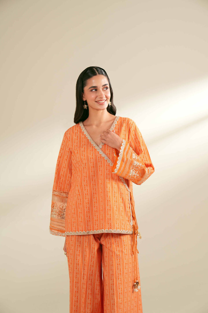 2 Piece Printed Embroidered Unsititched Any Day Suit Orange