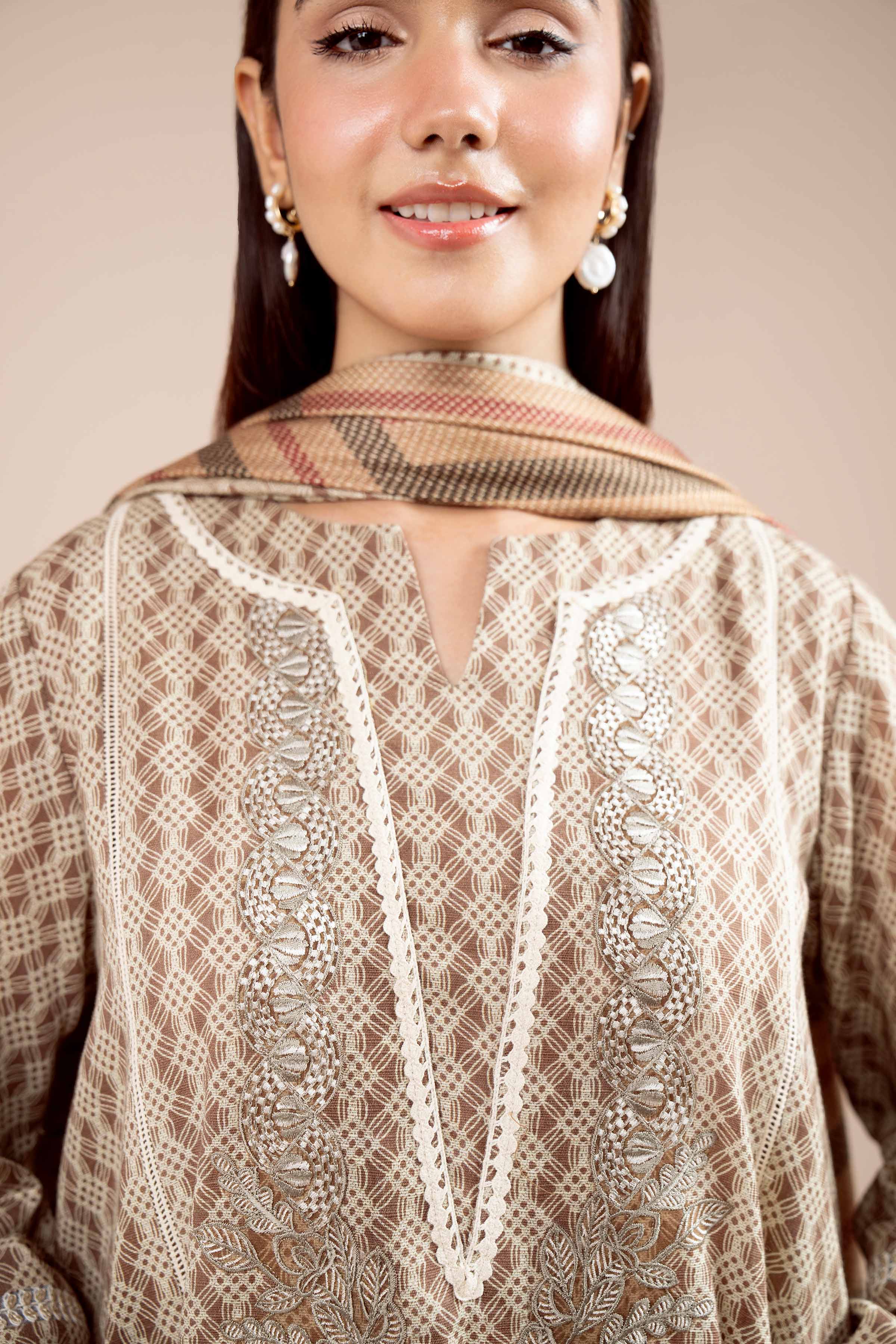 NishatUK - Brown Embroidered  Khaddar 2-piece unstitched Dress