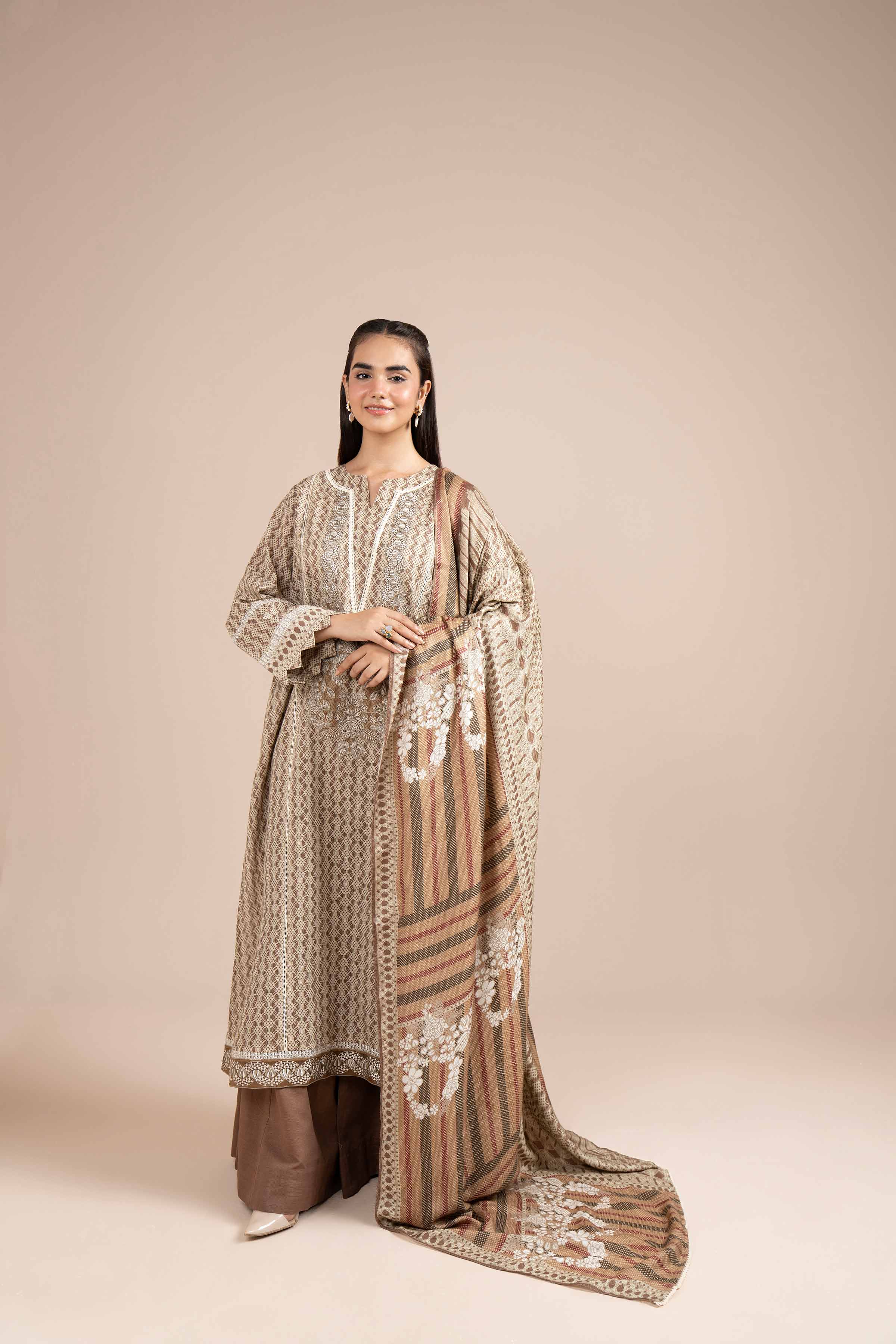 NishatUK - Brown Embroidered  Khaddar 2-piece unstitched Dress