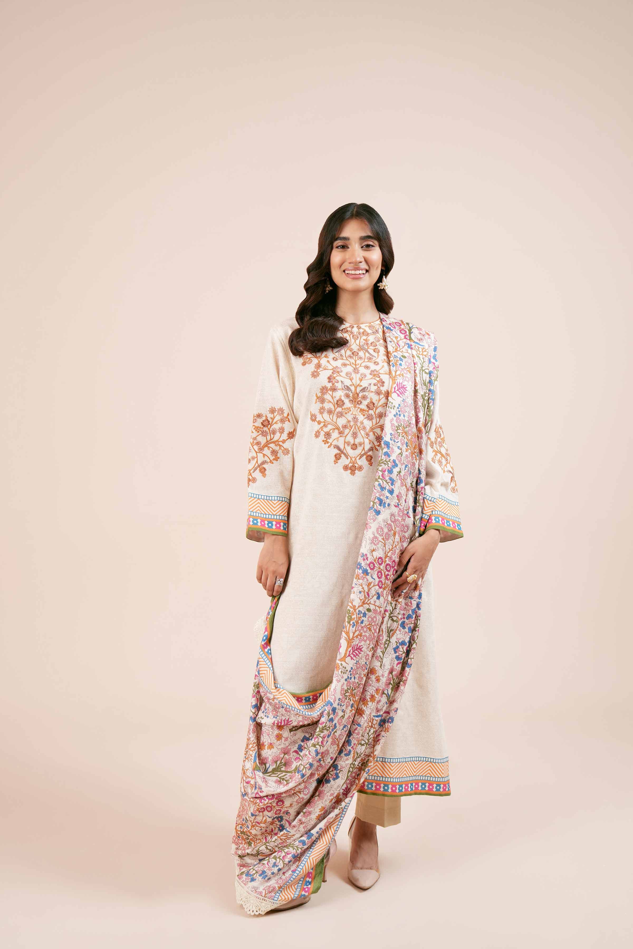 NishatUK - Multi & Off White Embroidered  Khaddar 2-piece unstitched Dress