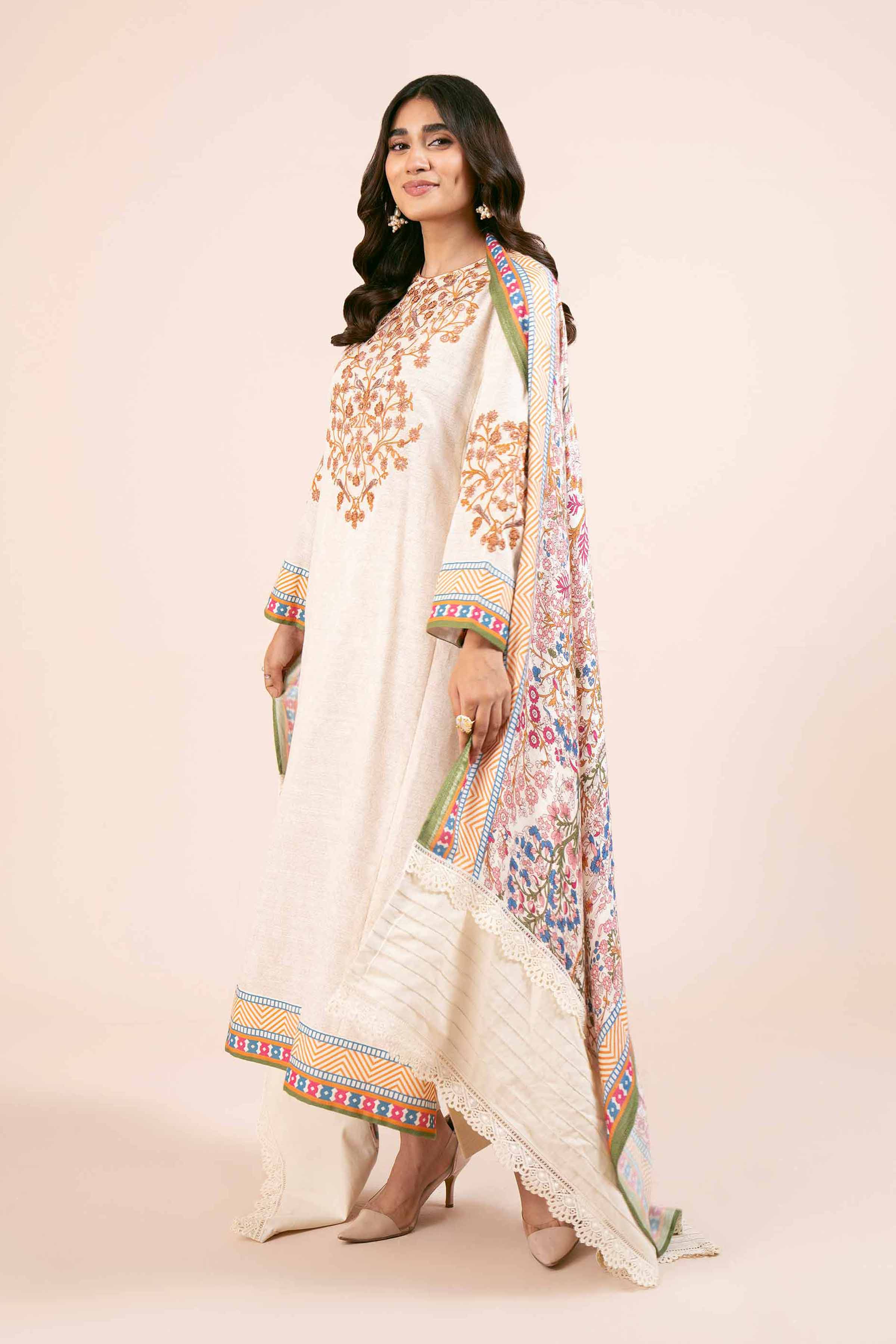 NishatUK - Multi & Off White Embroidered  Khaddar 2-piece unstitched Dress