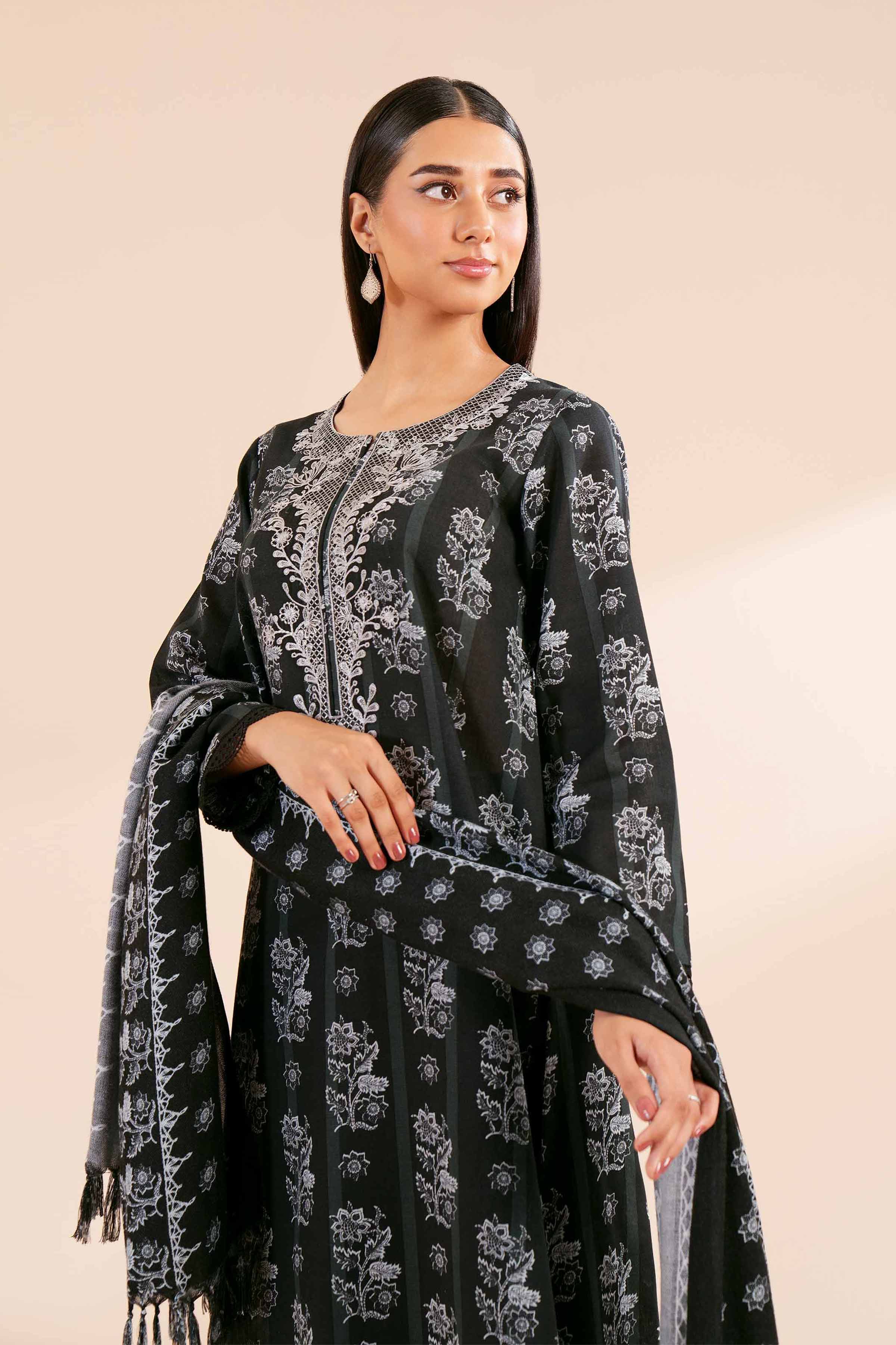 NishatUK - Black Embroidered  Khaddar 2-piece unstitched Dress