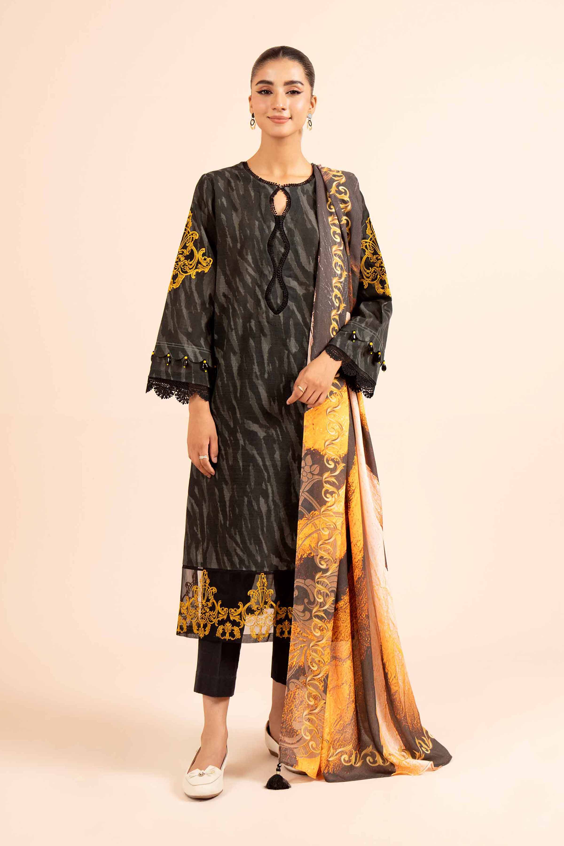 NishatUK - Black Embroidered  Khaddar 2-piece unstitched Dress