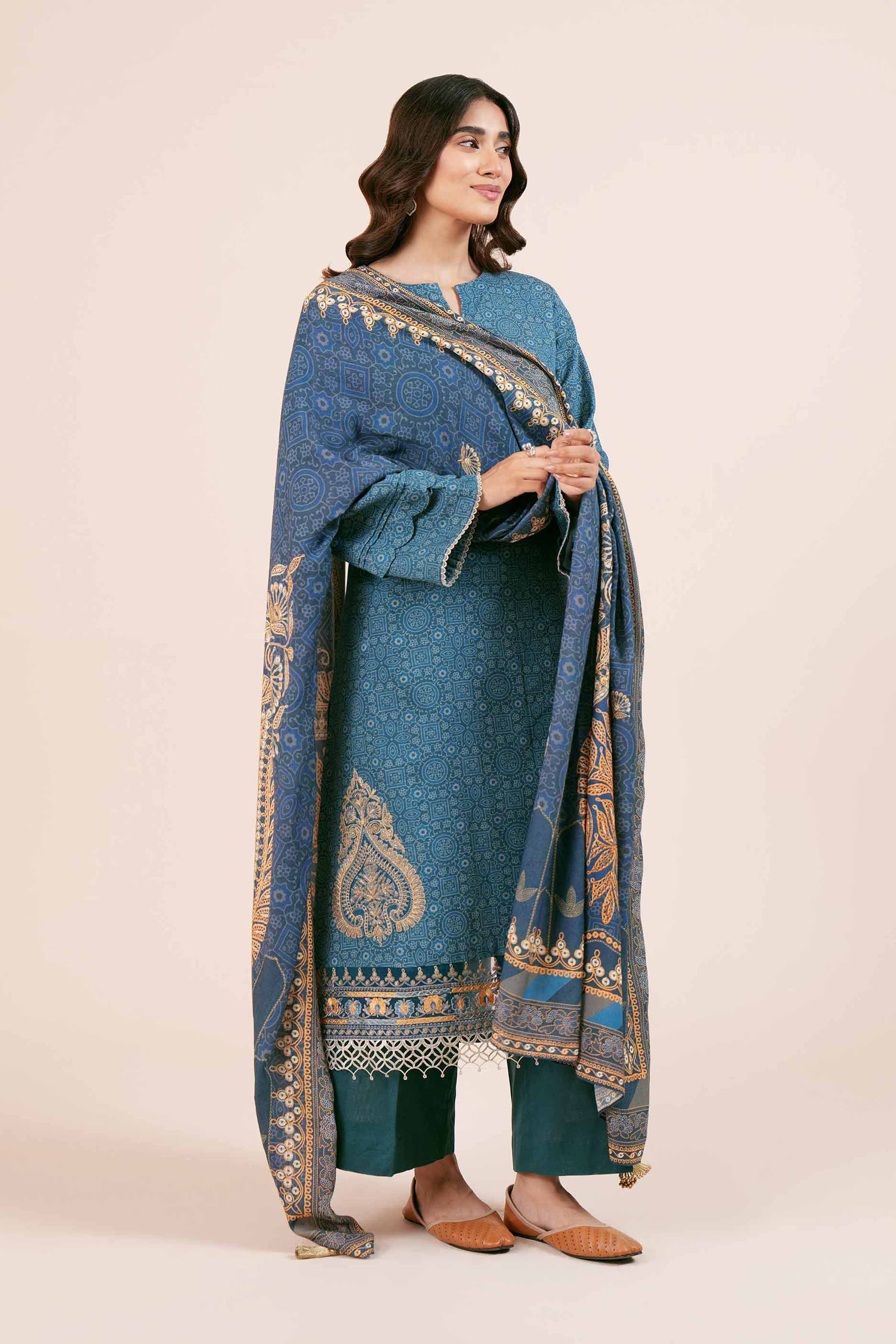 NishatUK - Blue Embroidered  Khaddar 2-piece unstitched Dress