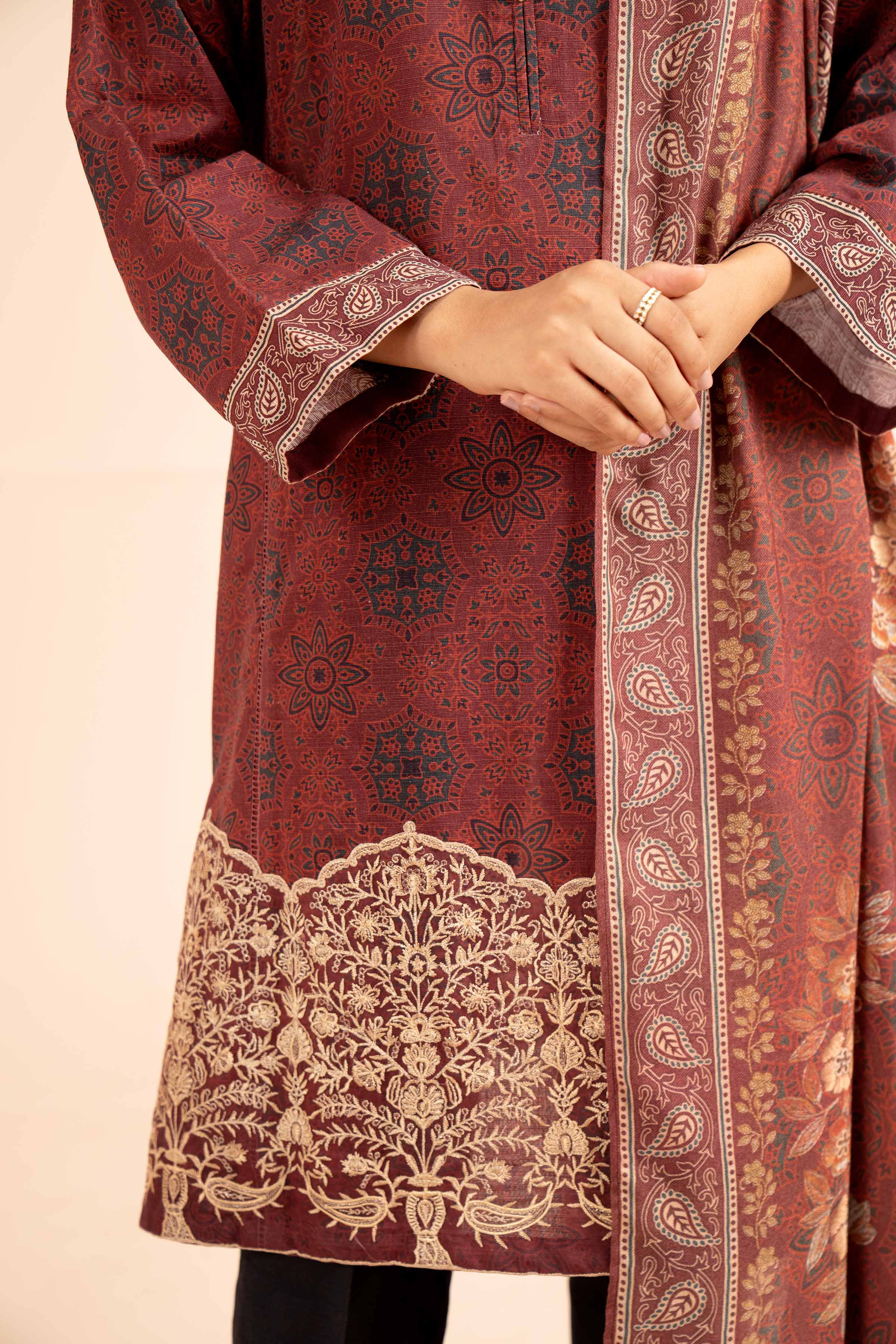 NishatUK - Maroon Embroidered  Khaddar 2-piece unstitched Dress