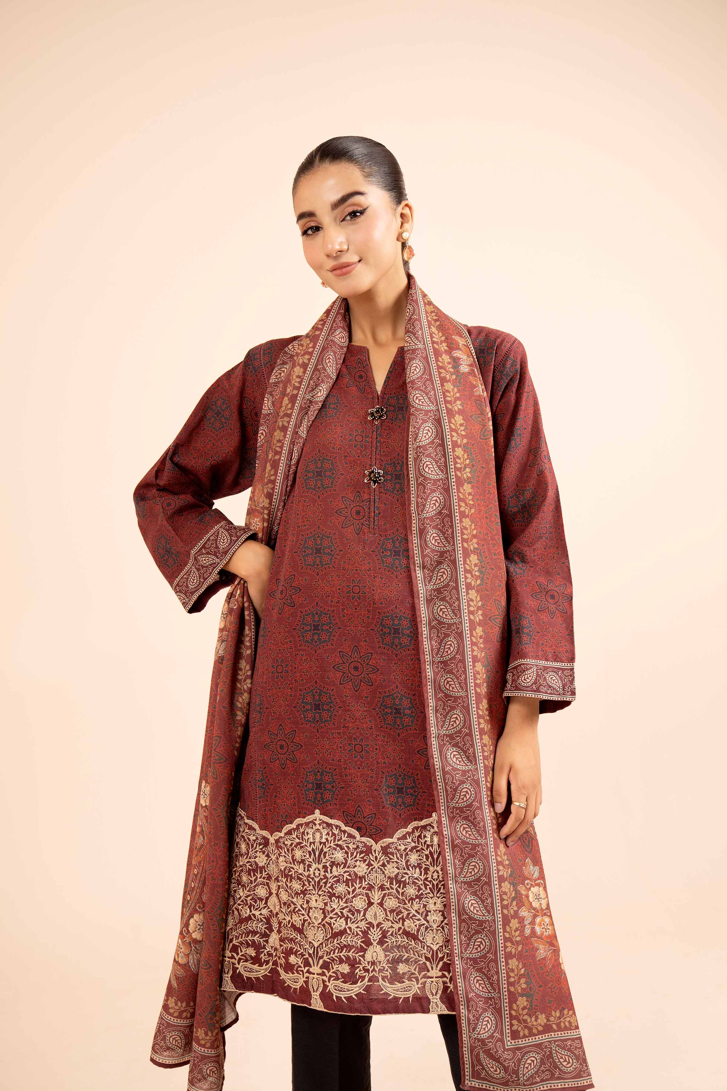 NishatUK - Maroon Embroidered  Khaddar 2-piece unstitched Dress