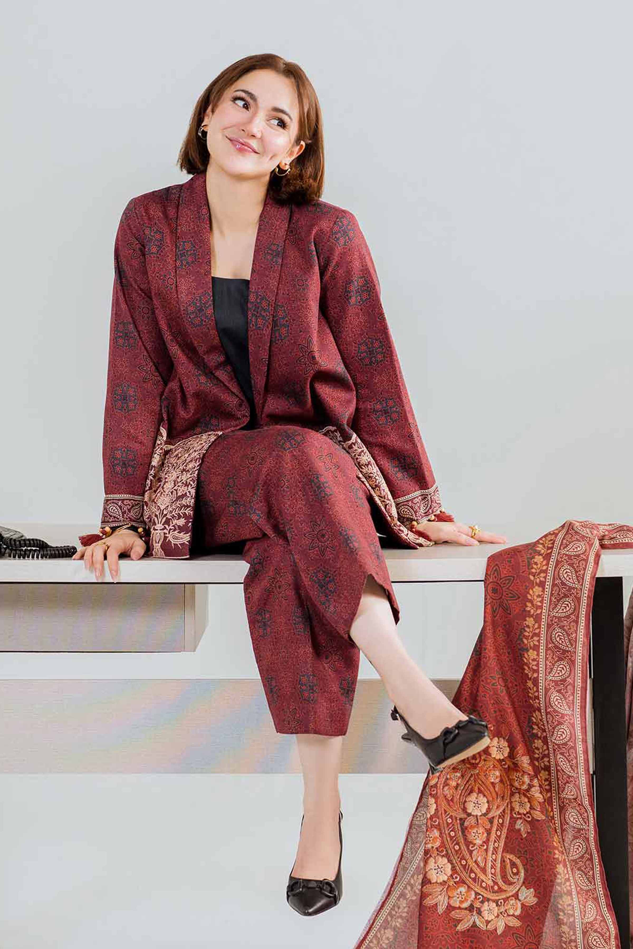 NishatUK - Maroon Embroidered  Khaddar 2-piece unstitched Dress