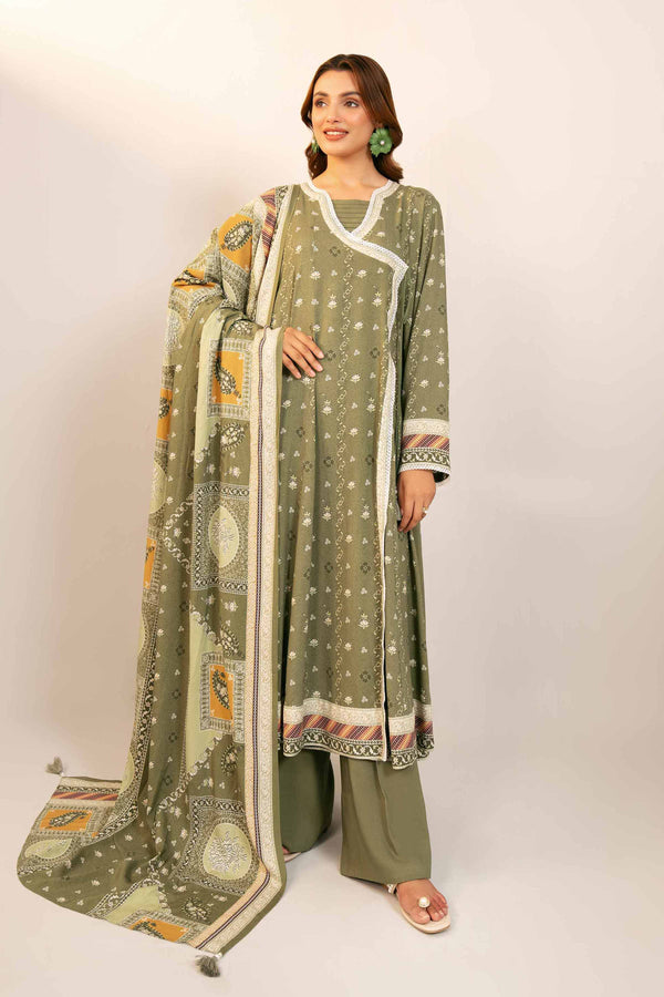 3 Piece Printed Unstitched Any Day Suit Green