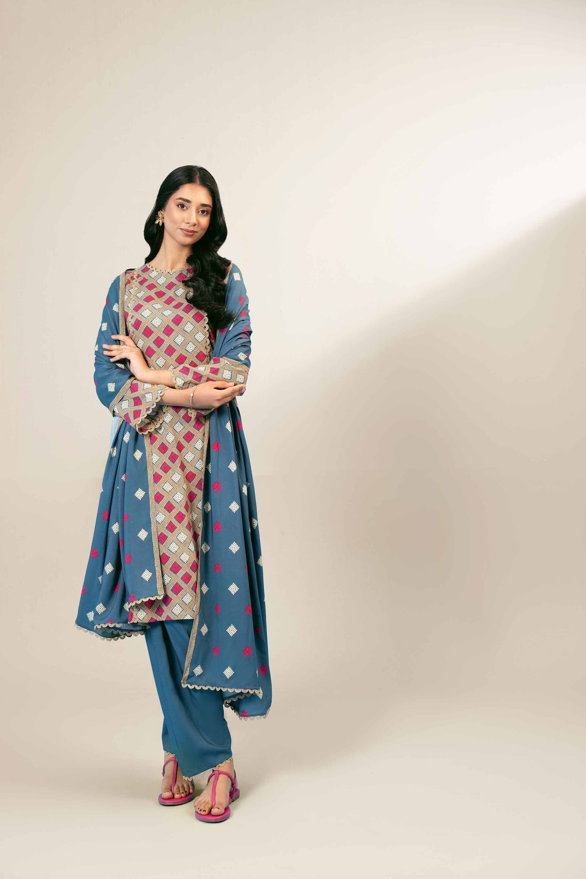 NishatUK - Blue Printed Linen 3-piece unstitched Suit