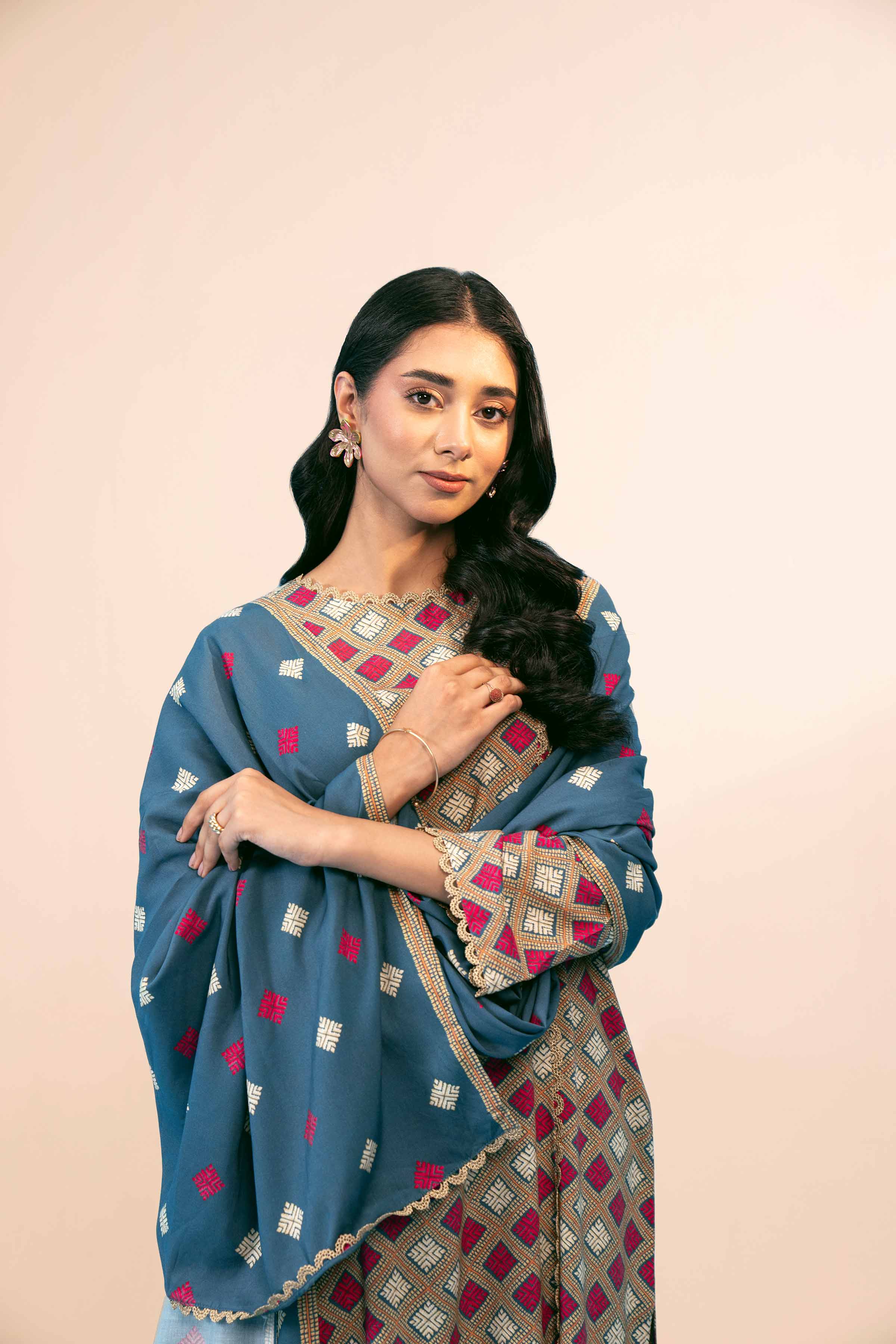 NishatUK - Blue Printed Linen 3-piece unstitched Suit