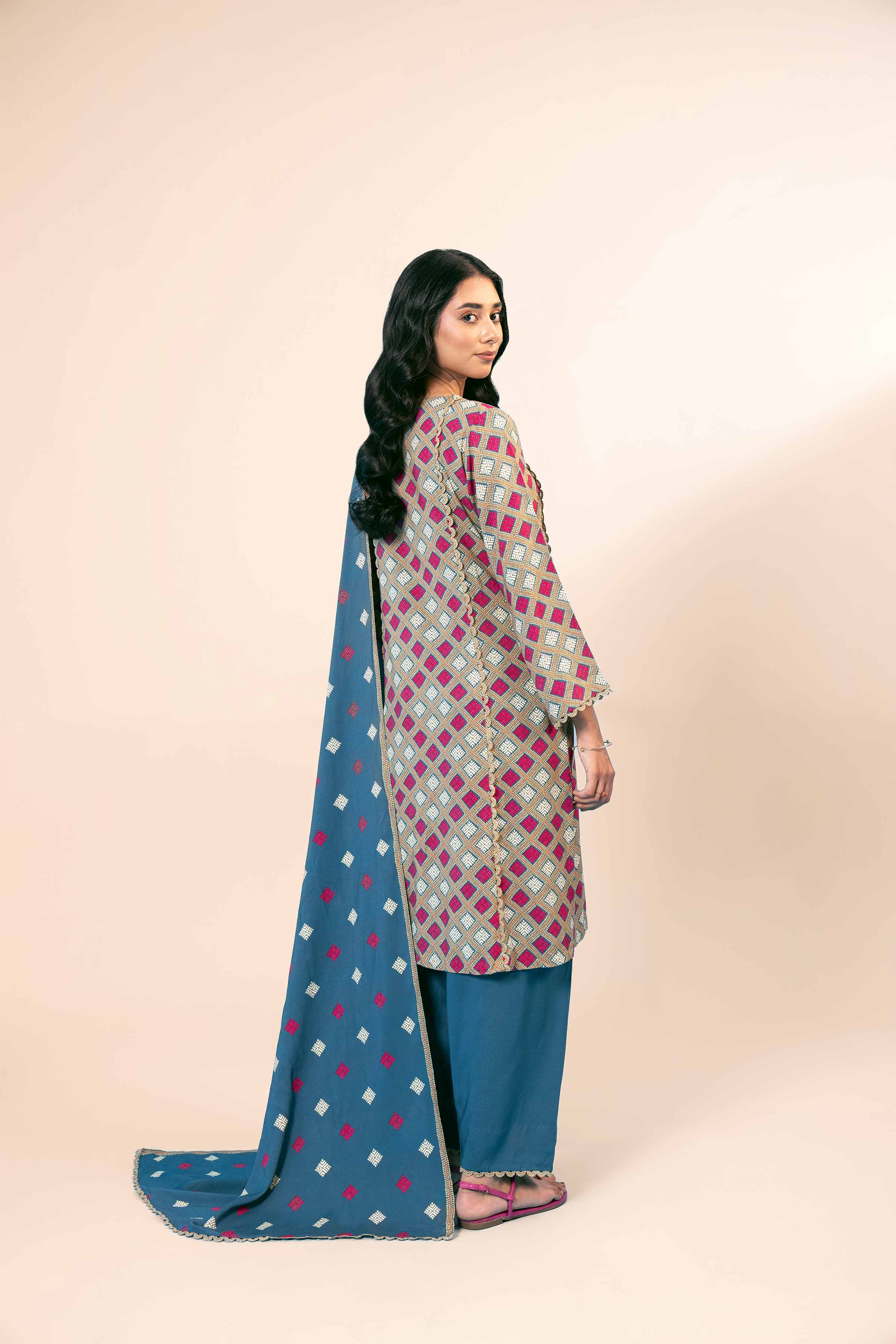 NishatUK - Blue Printed Linen 3-piece unstitched Suit