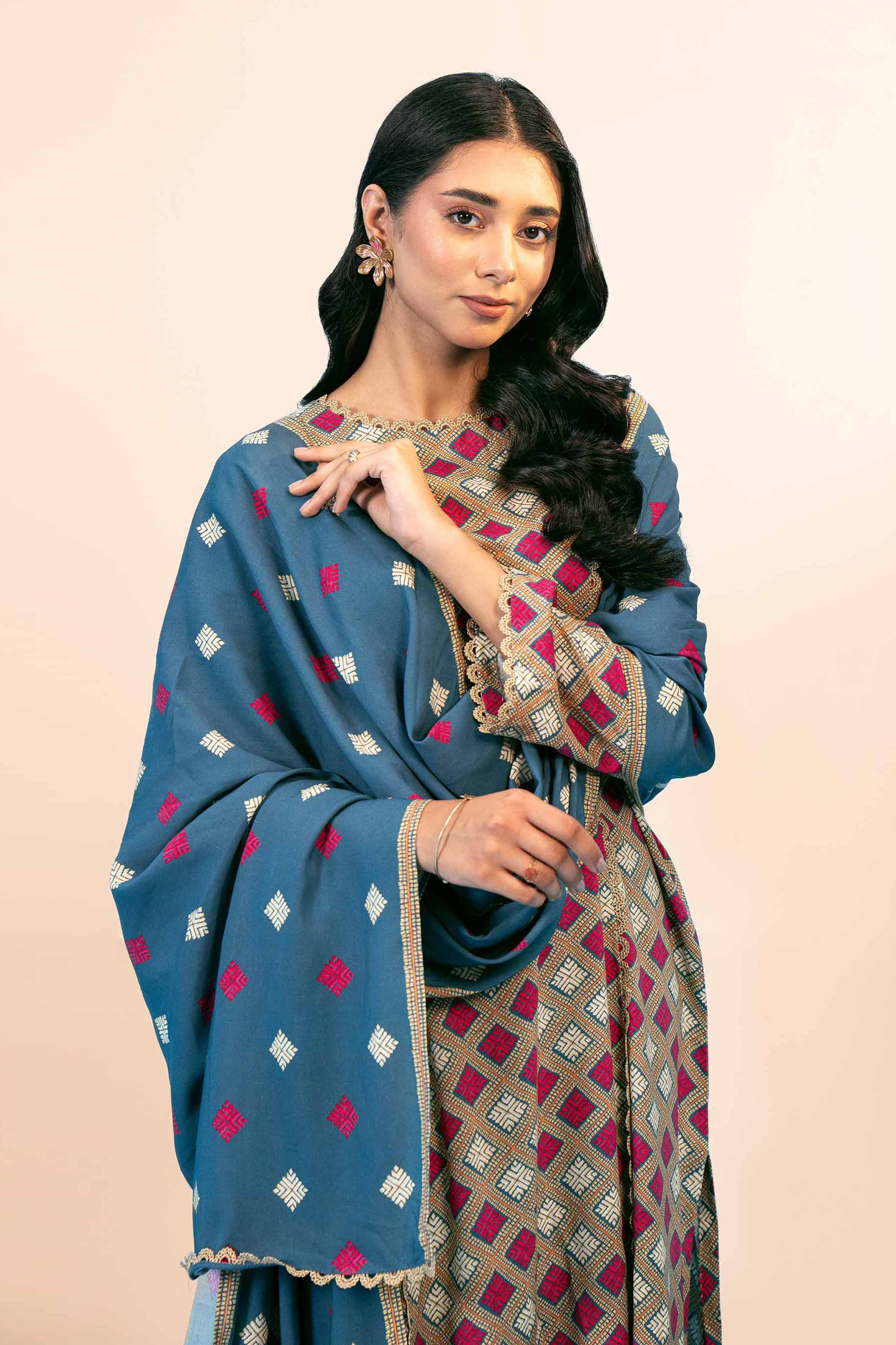 NishatUK - Blue Printed Linen 3-piece unstitched Suit