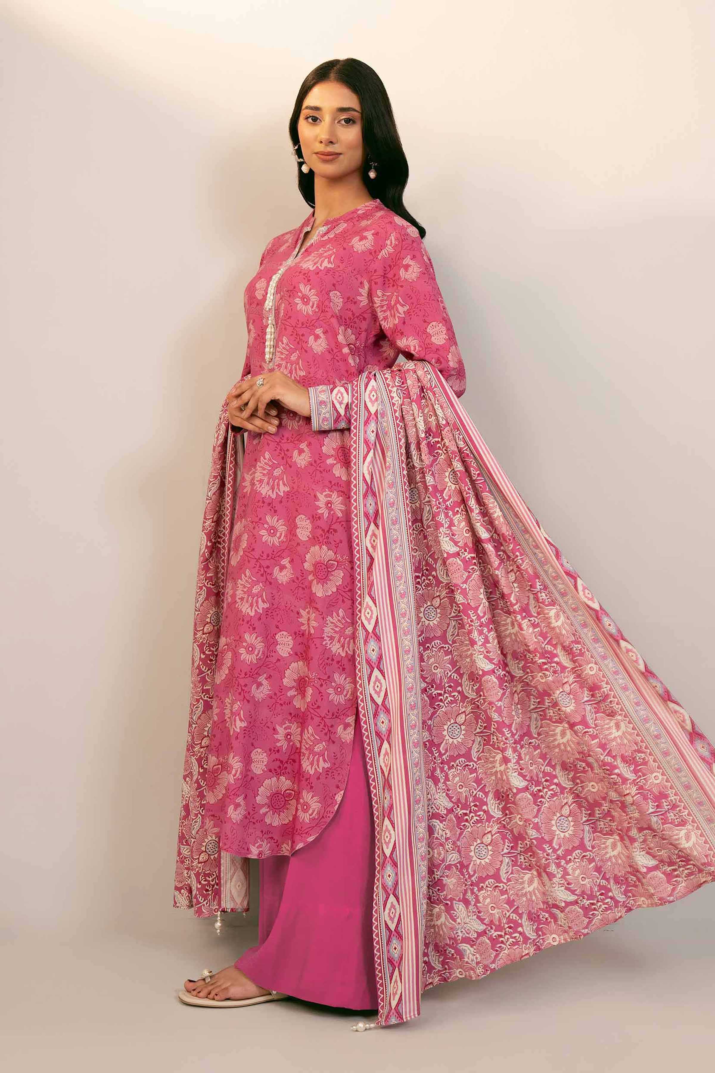 NishatUK - Pink Printed Linen 3-piece unstitched Suit