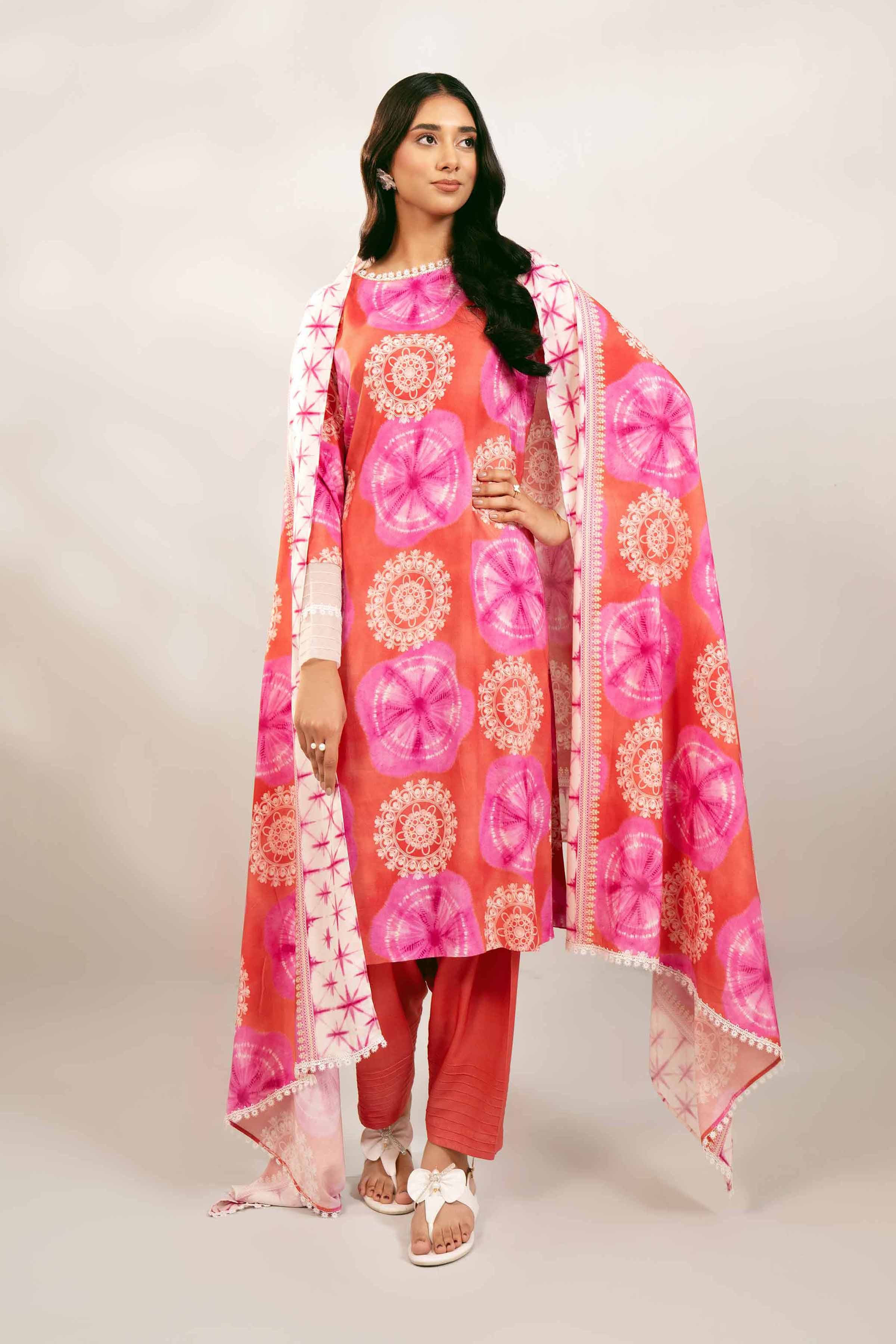 NishatUK - Orange & Pink Printed Linen 3-piece unstitched Suit