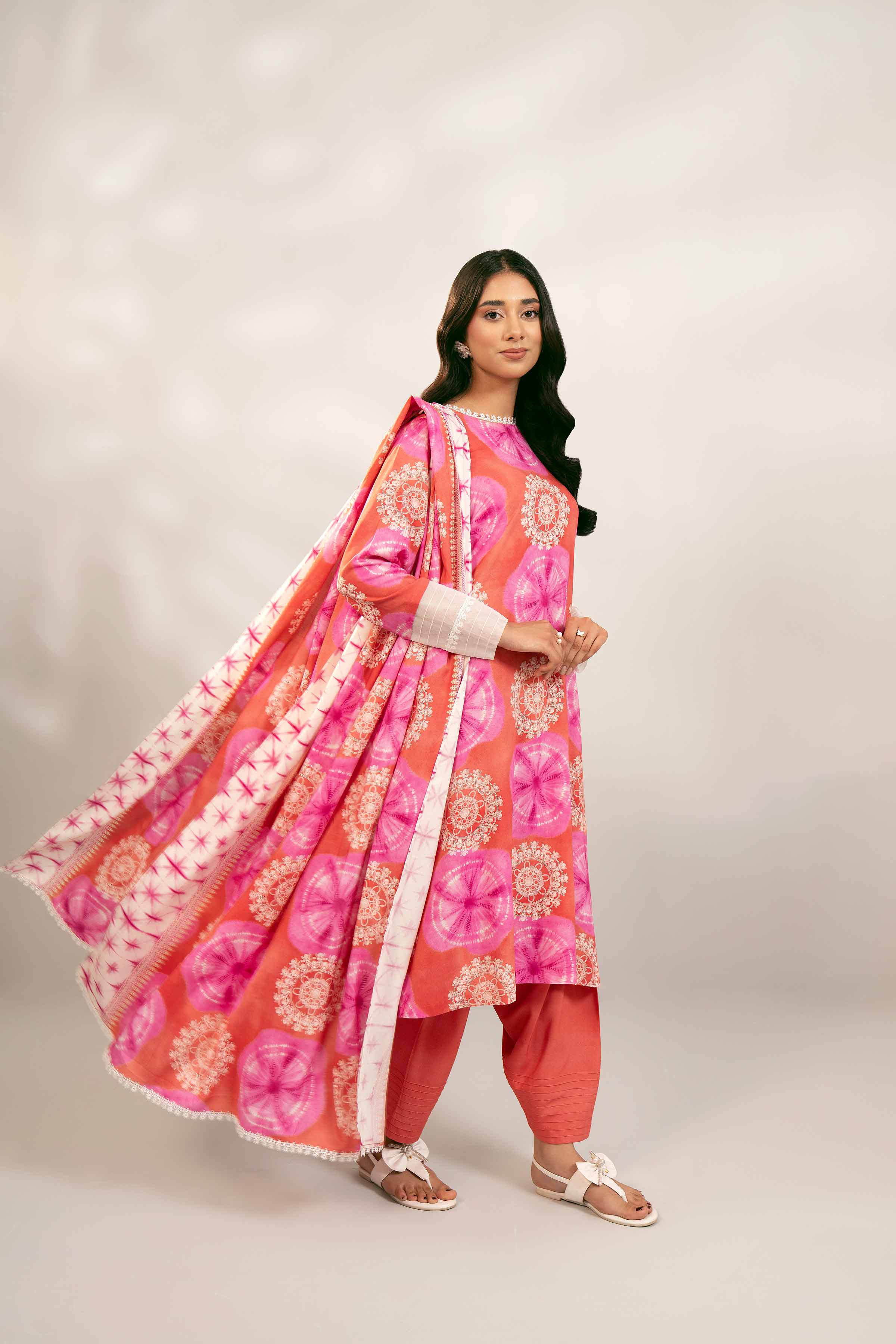 NishatUK - Orange & Pink Printed Linen 3-piece unstitched Suit