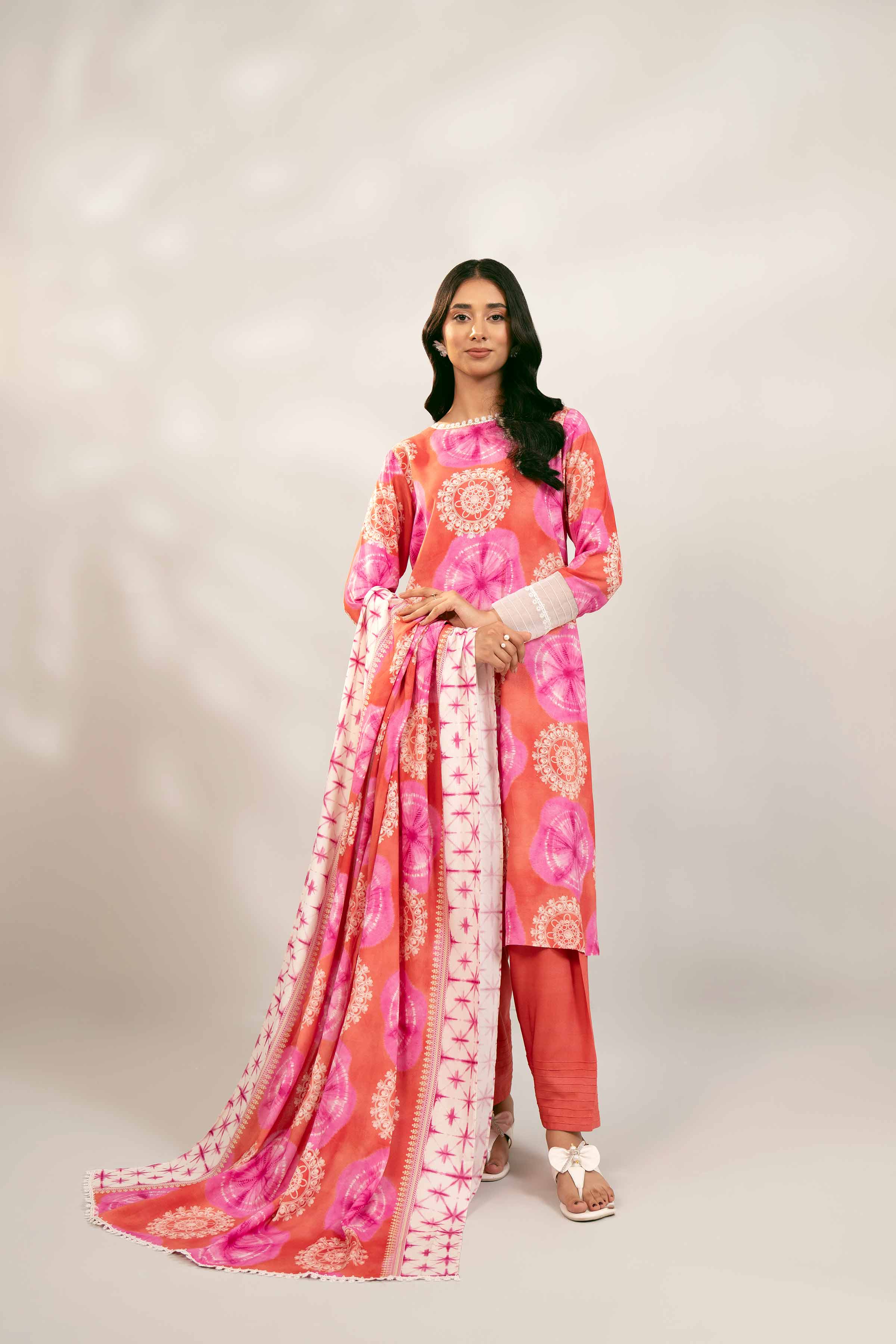 NishatUK - Orange & Pink Printed Linen 3-piece unstitched Suit