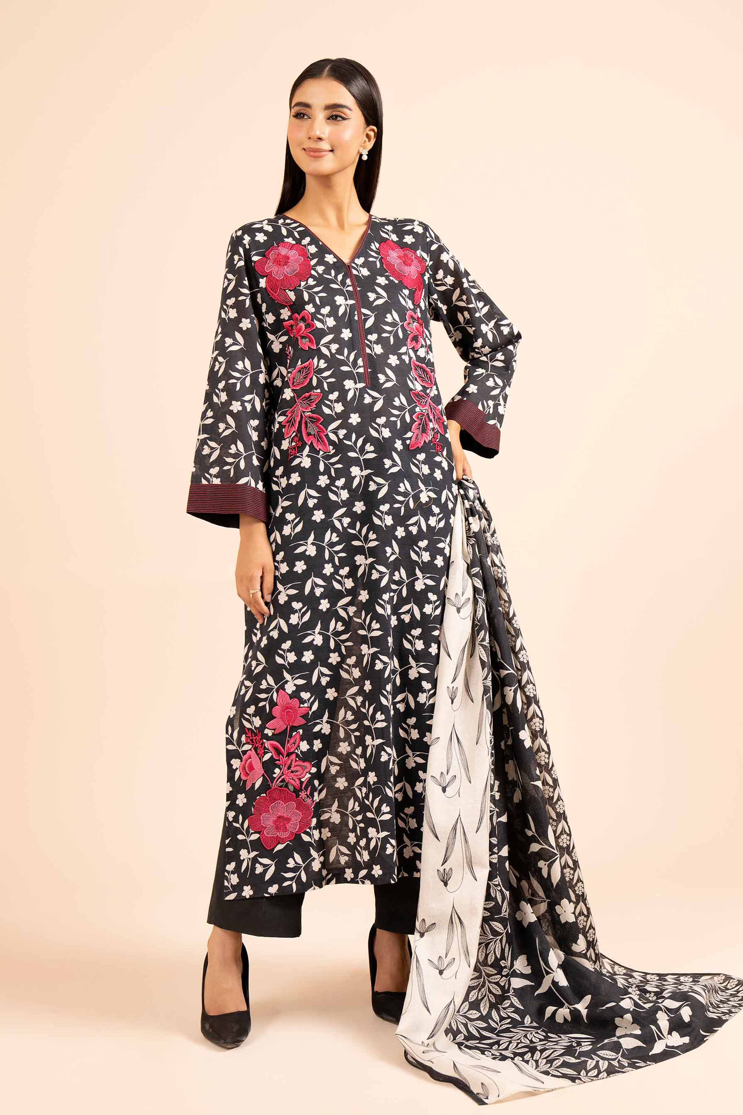 NishatUK - Black Embroidered  Khaddar 3-piece unstitched Suit