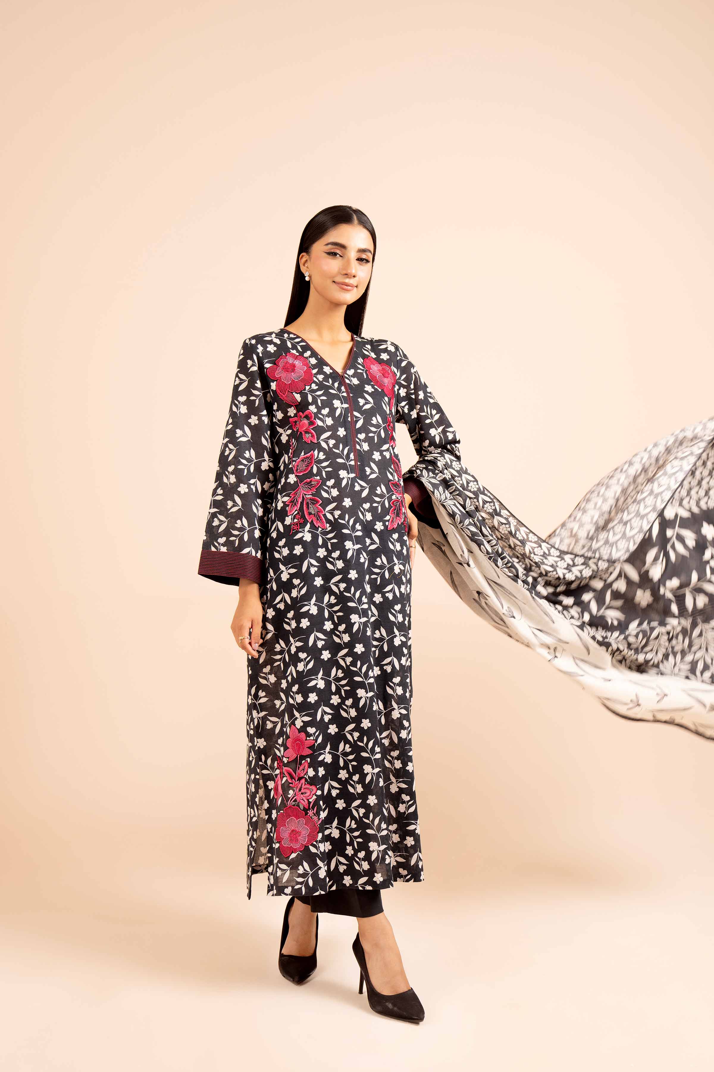 NishatUK - Black Embroidered  Khaddar 3-piece unstitched Suit