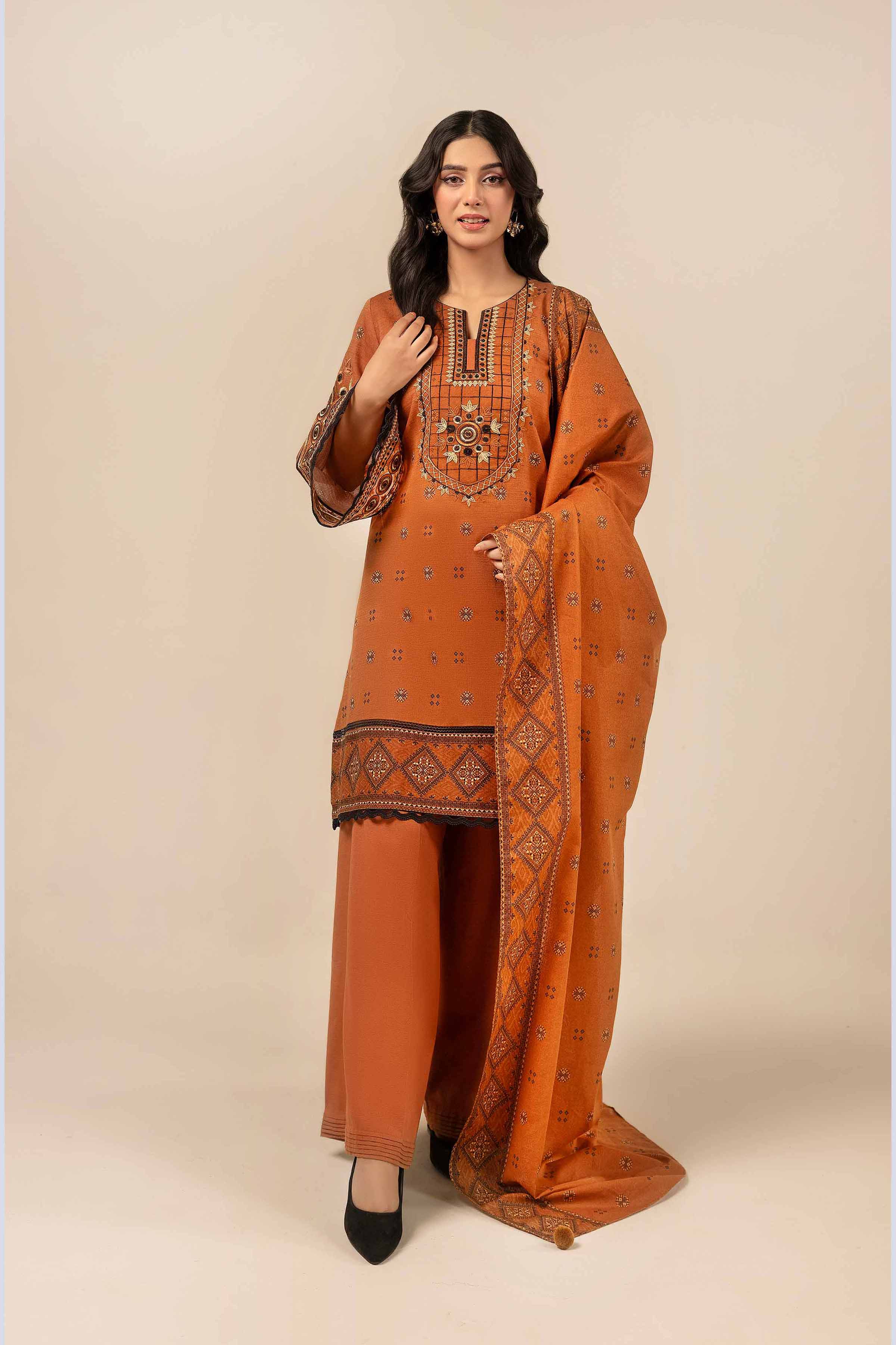 NishatUK - Brown Embroidered  Khaddar 3-piece unstitched Suit