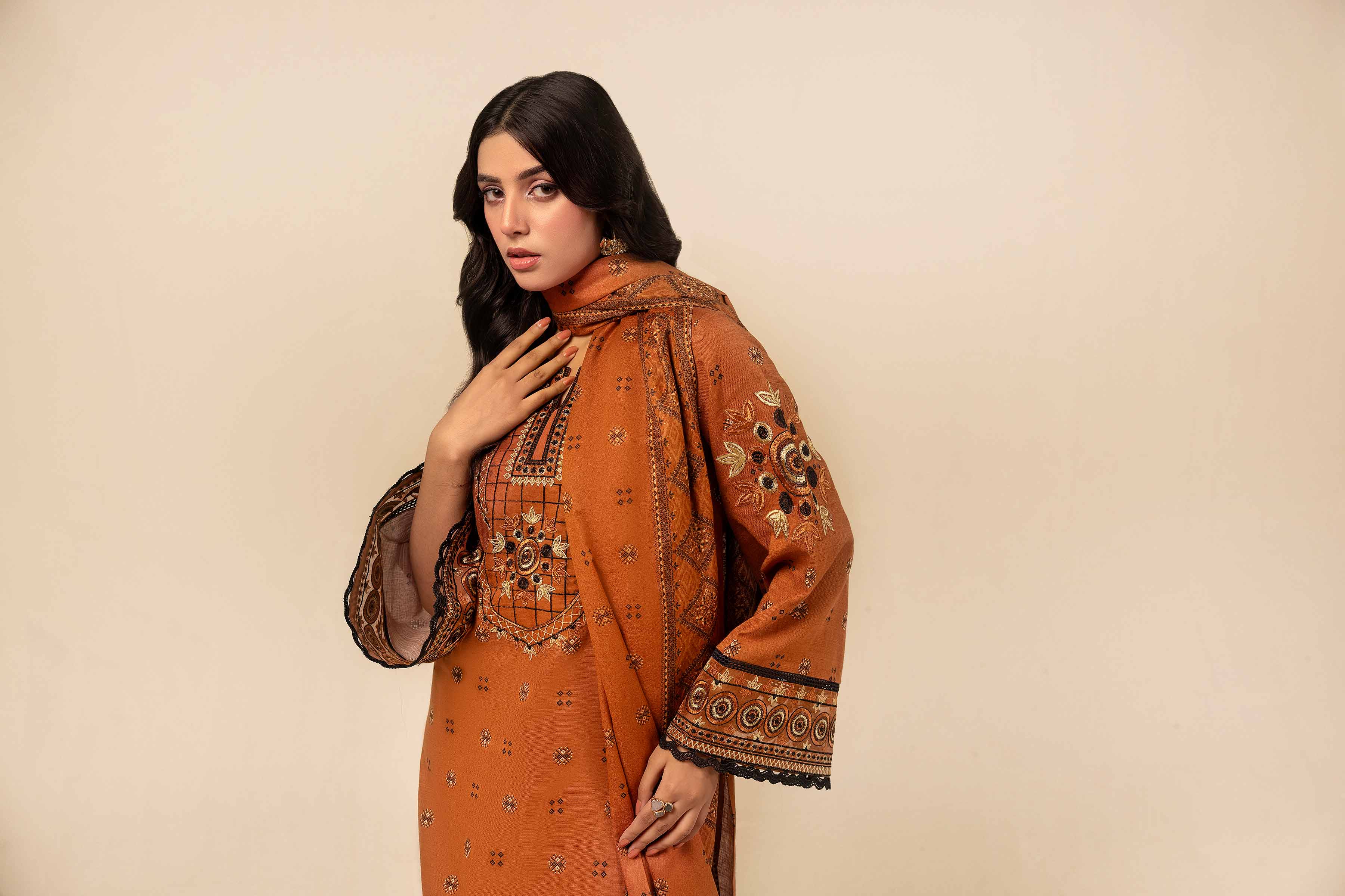 NishatUK - Brown Embroidered  Khaddar 3-piece unstitched Suit