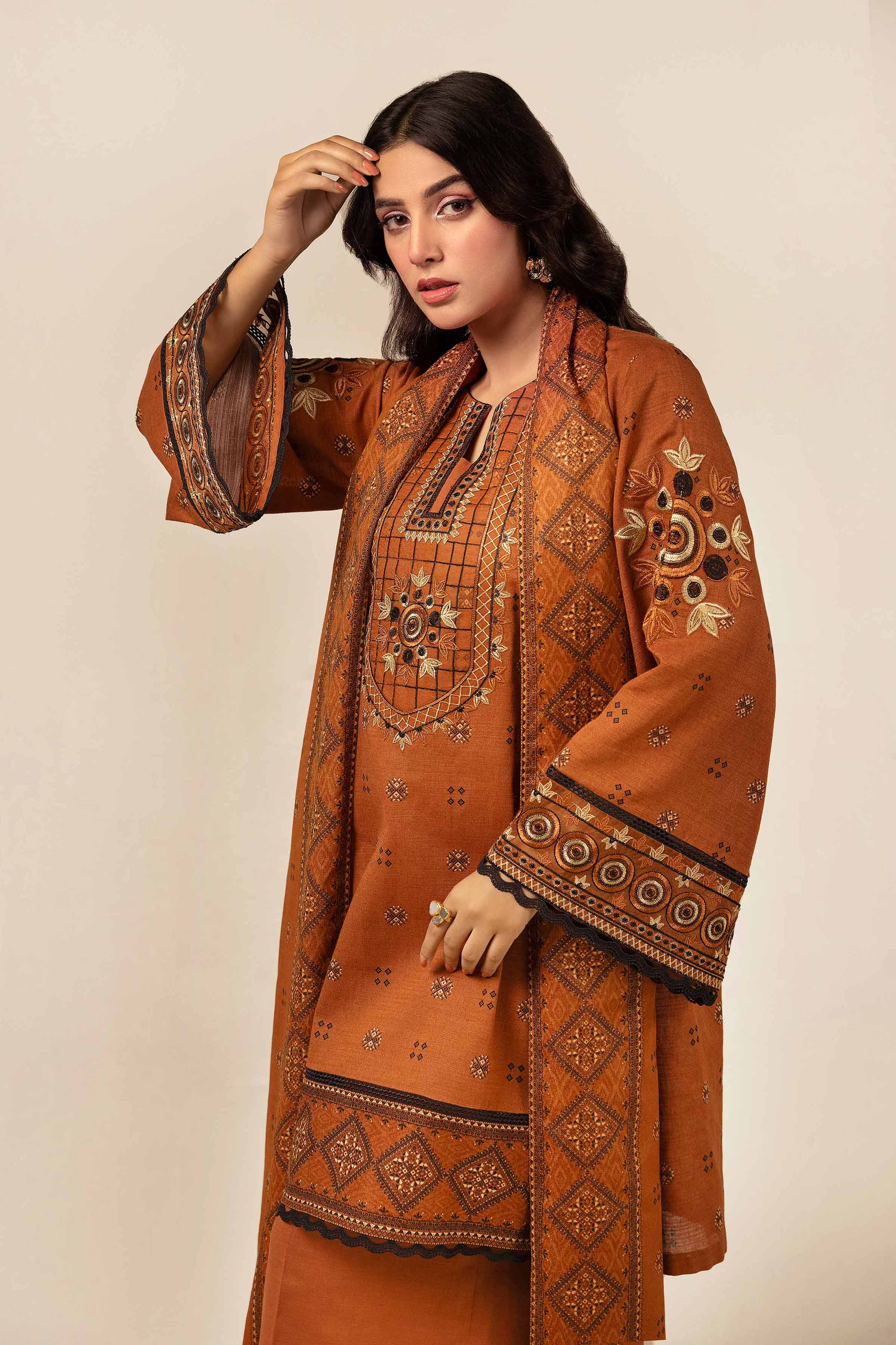 NishatUK - Brown Embroidered  Khaddar 3-piece unstitched Suit