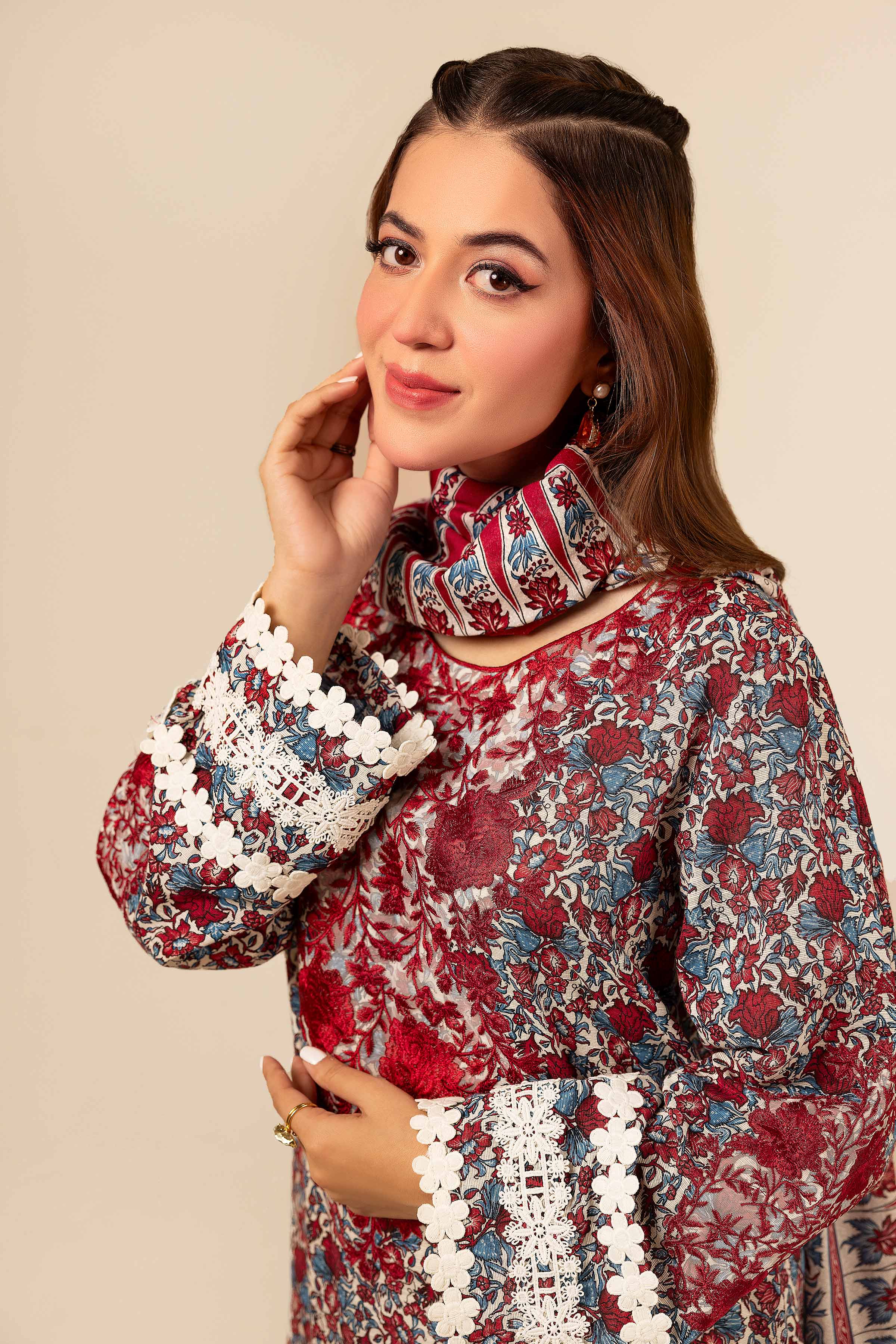 NishatUK - Red Embroidered  Khaddar 3-piece unstitched Suit