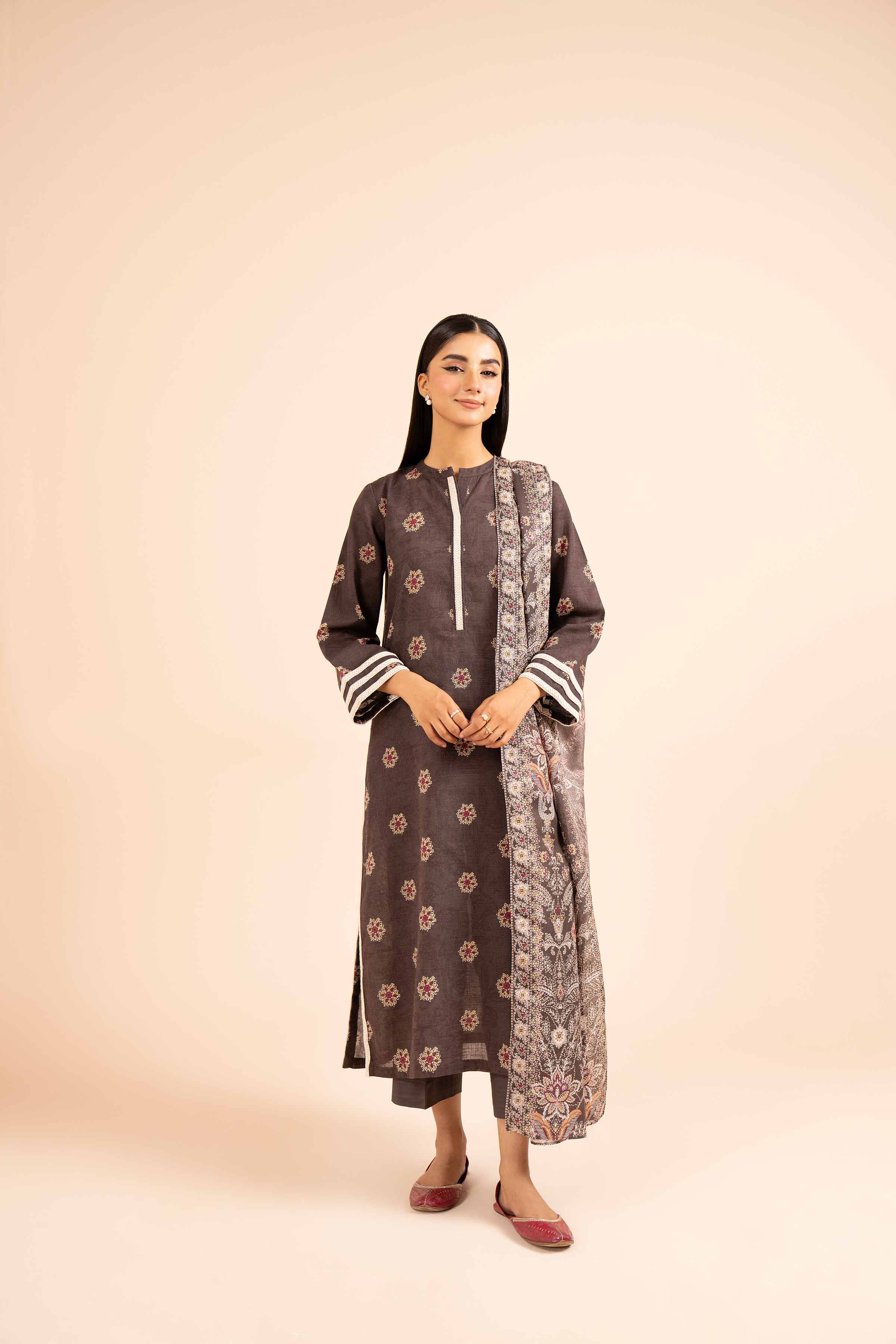 NishatUK - Grey Printed Khaddar 3-piece unstitched Suit