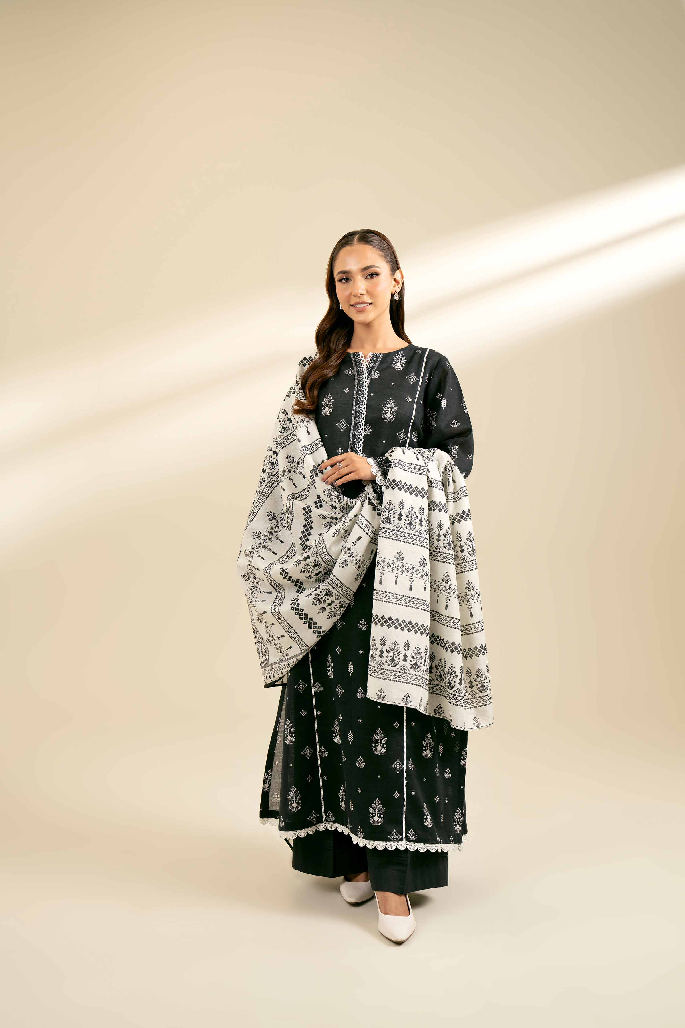 NishatUK - Black Printed Khaddar 3-piece unstitched Suit