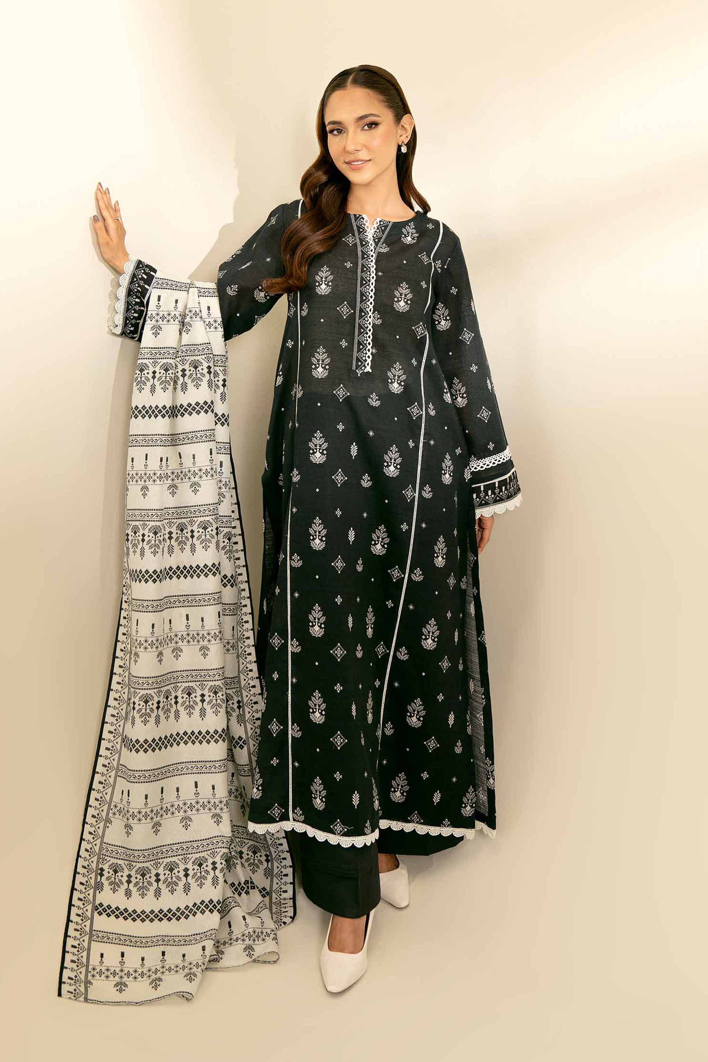 NishatUK - Black Printed Khaddar 3-piece unstitched Suit