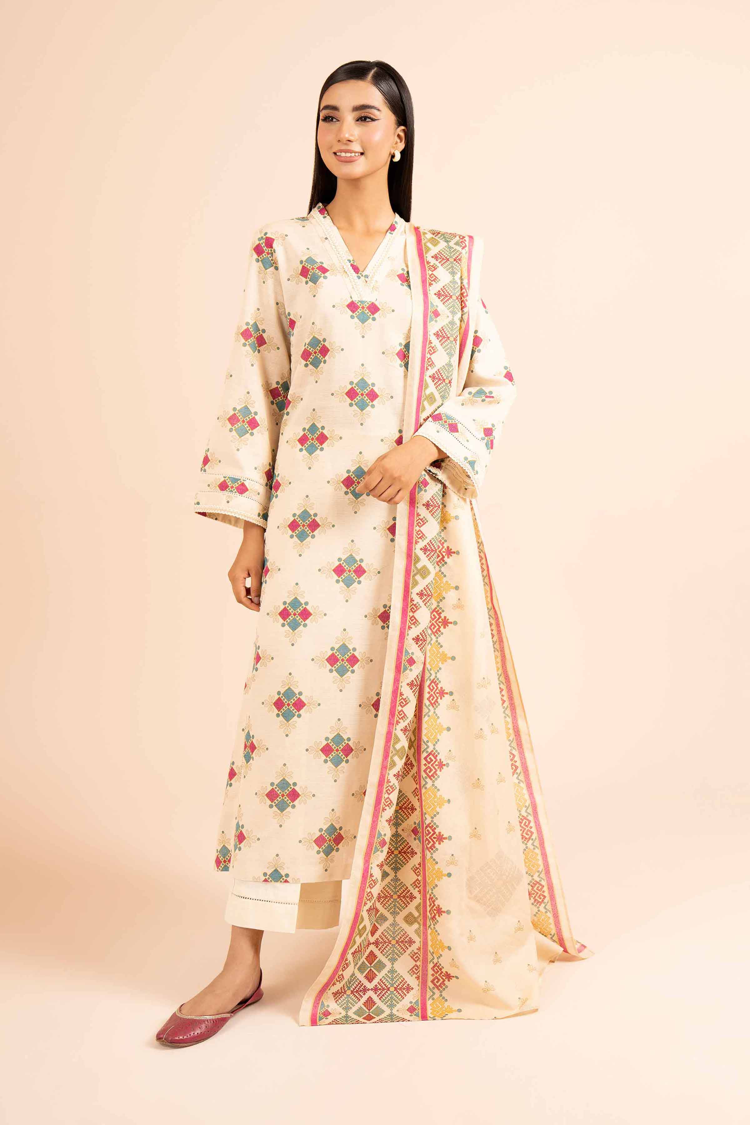 NishatUK - Beige Printed Khaddar 3-piece unstitched Suit