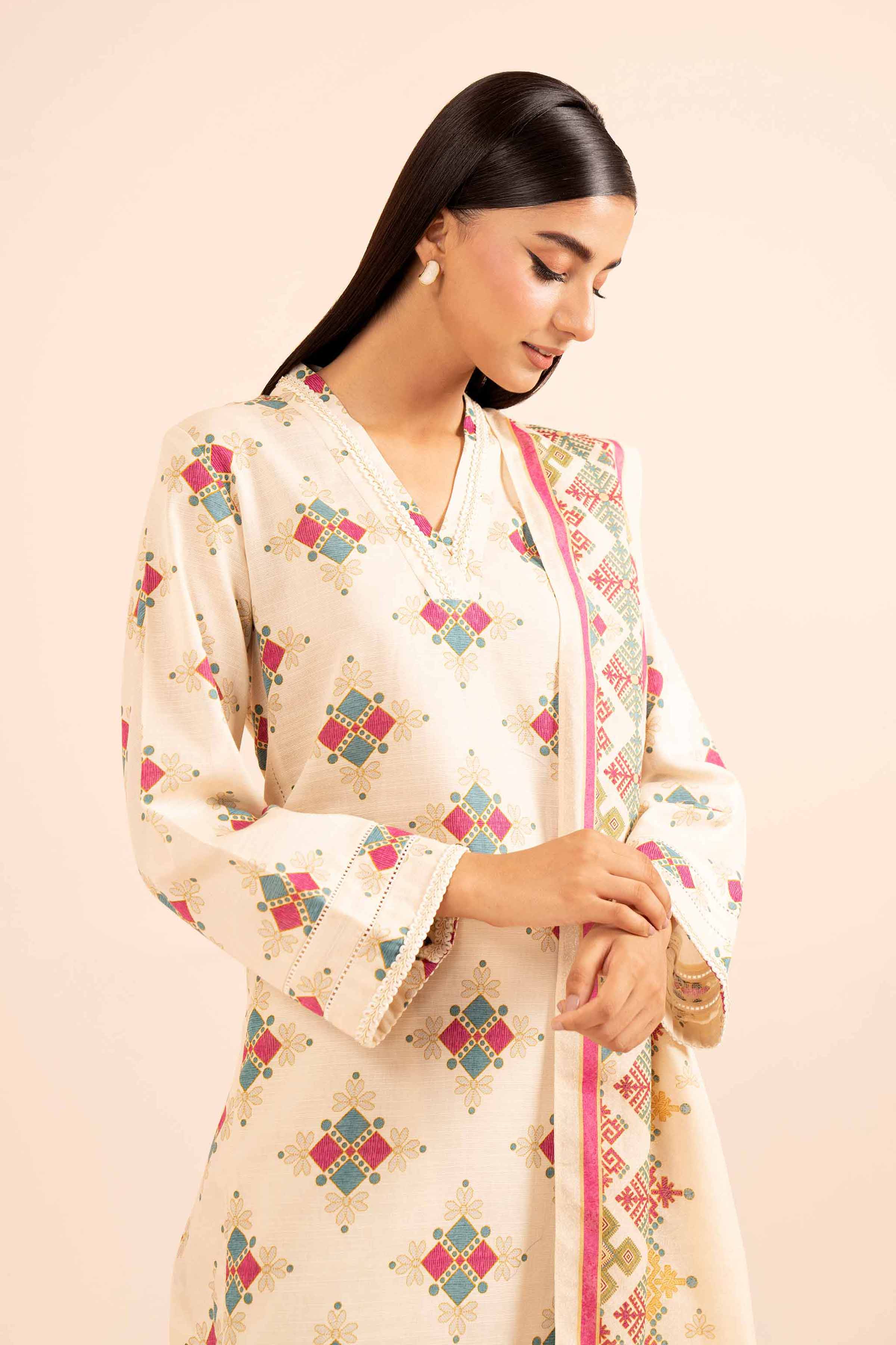 NishatUK - Beige Printed Khaddar 3-piece unstitched Suit