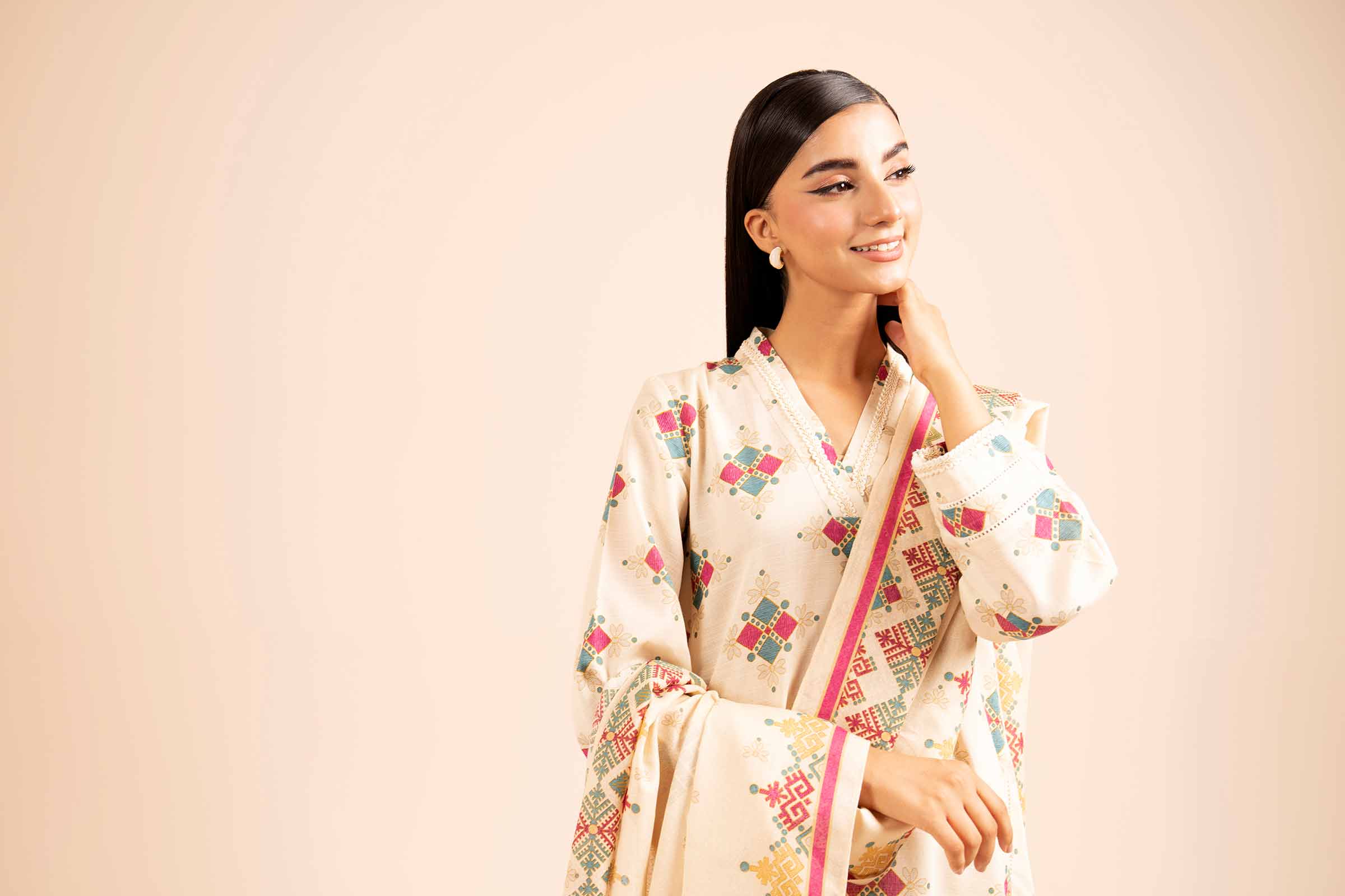 NishatUK - Beige Printed Khaddar 3-piece unstitched Suit