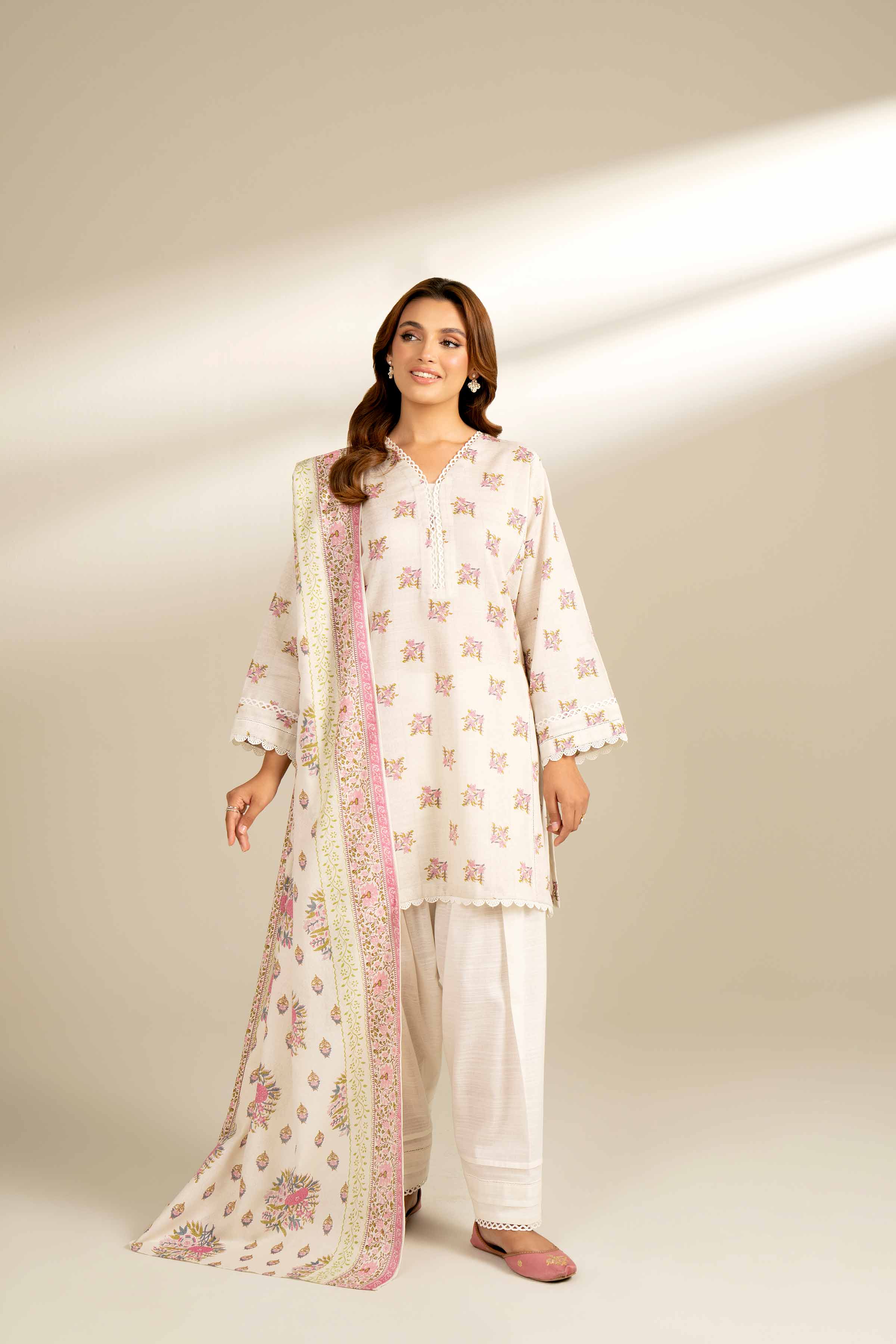 NishatUK - Off White Printed Khaddar 3-piece unstitched Suit