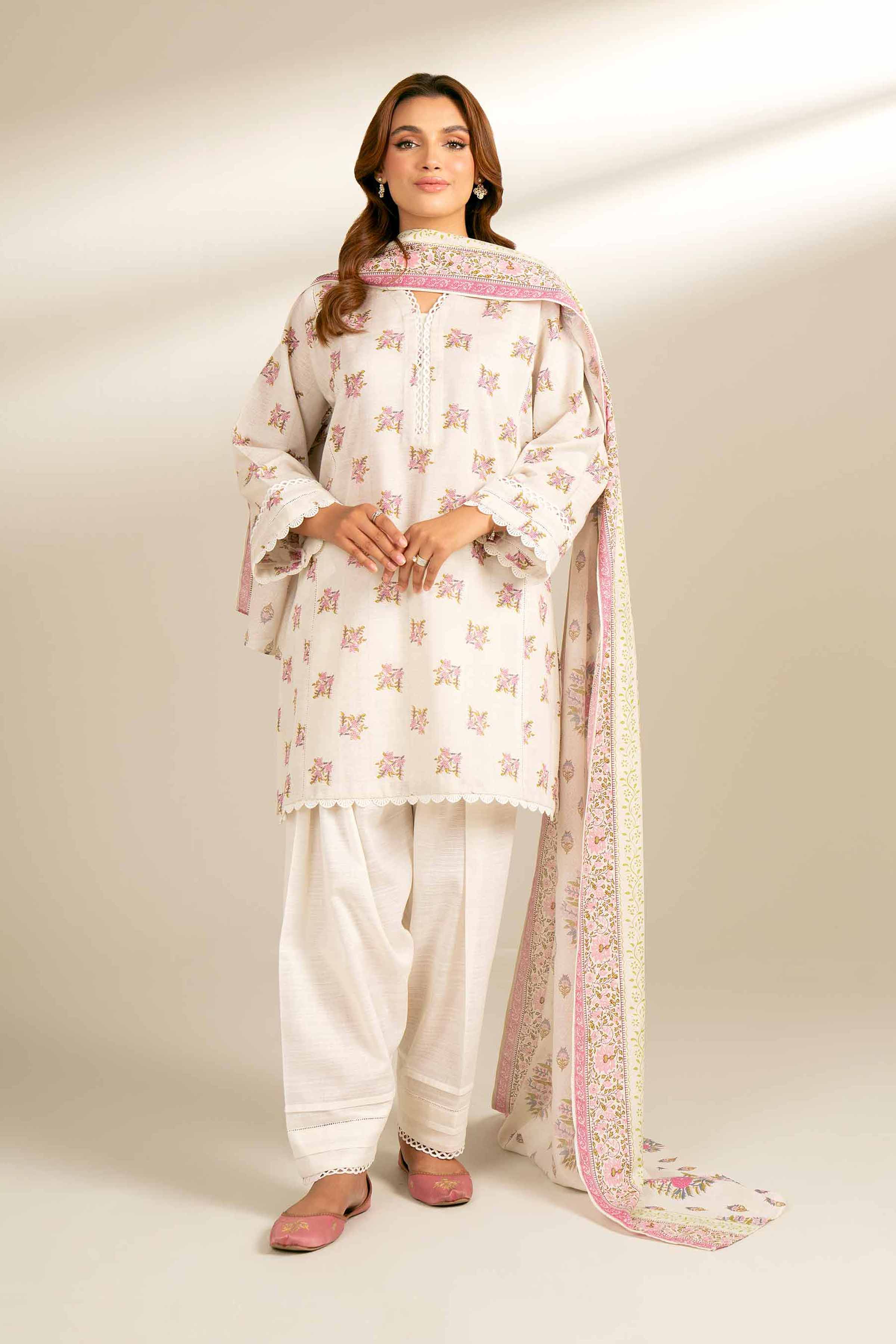 NishatUK - Off White Printed Khaddar 3-piece unstitched Suit