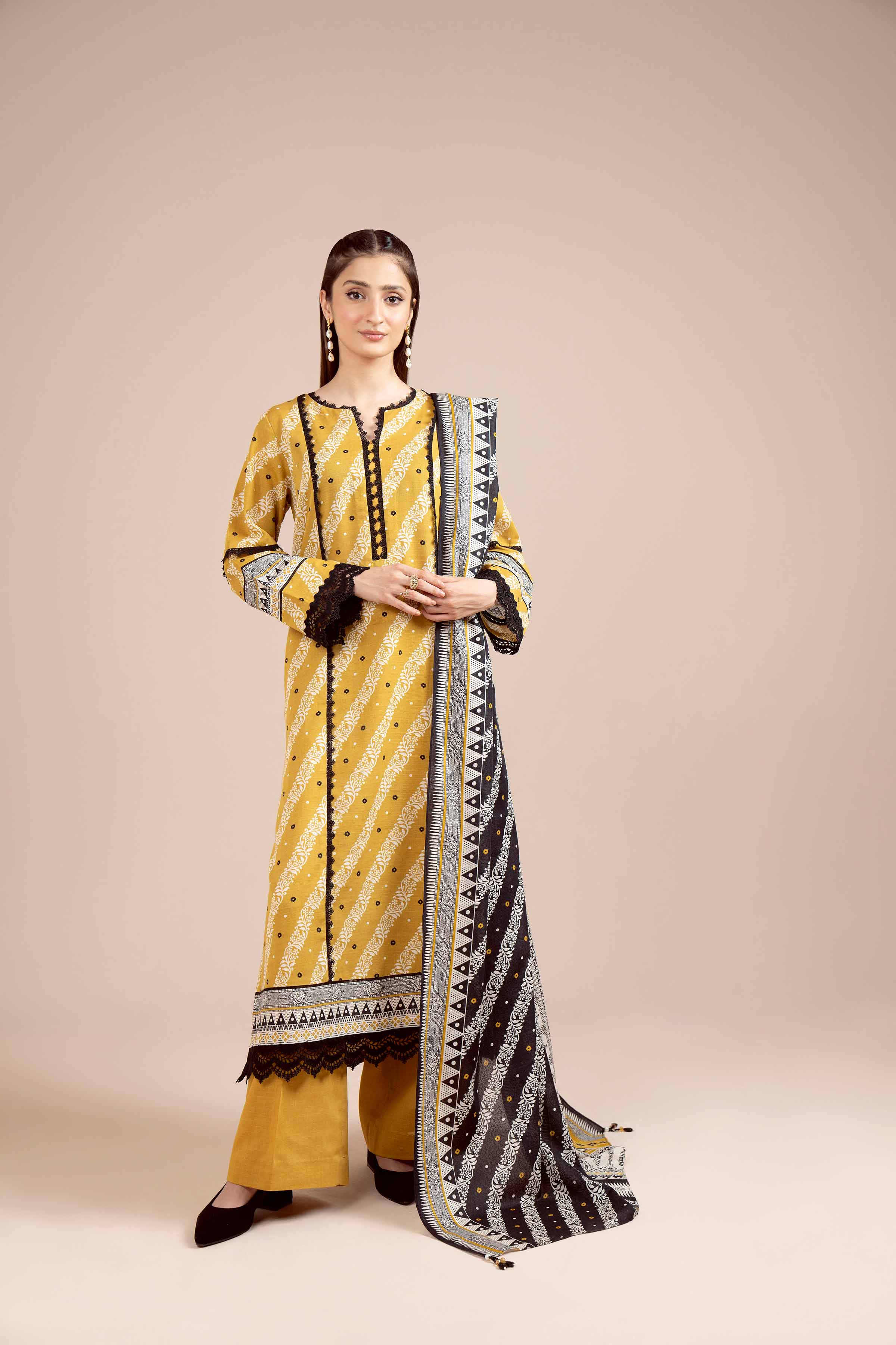 NishatUK - Yellow Ochre Printed Khaddar 3-piece unstitched Suit