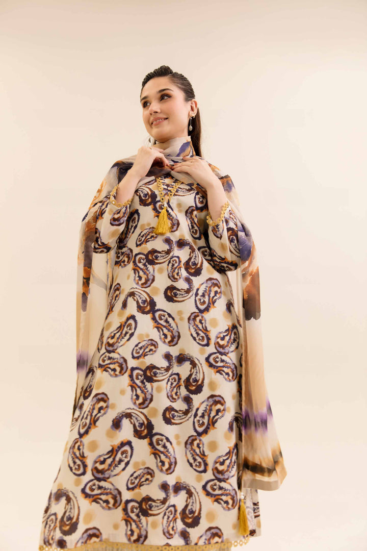 3 Piece Printed Unstitched Any Day Suit Beige