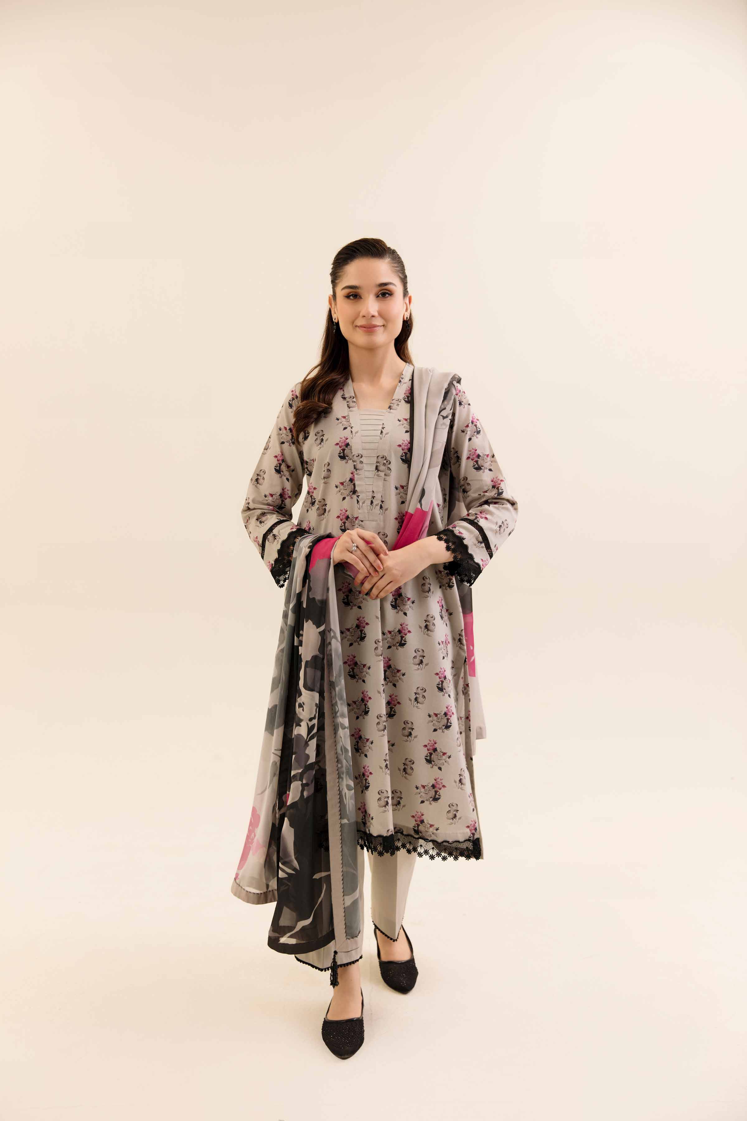 NishatUK - Grey Printed Cotton 3-piece unstitched Suit