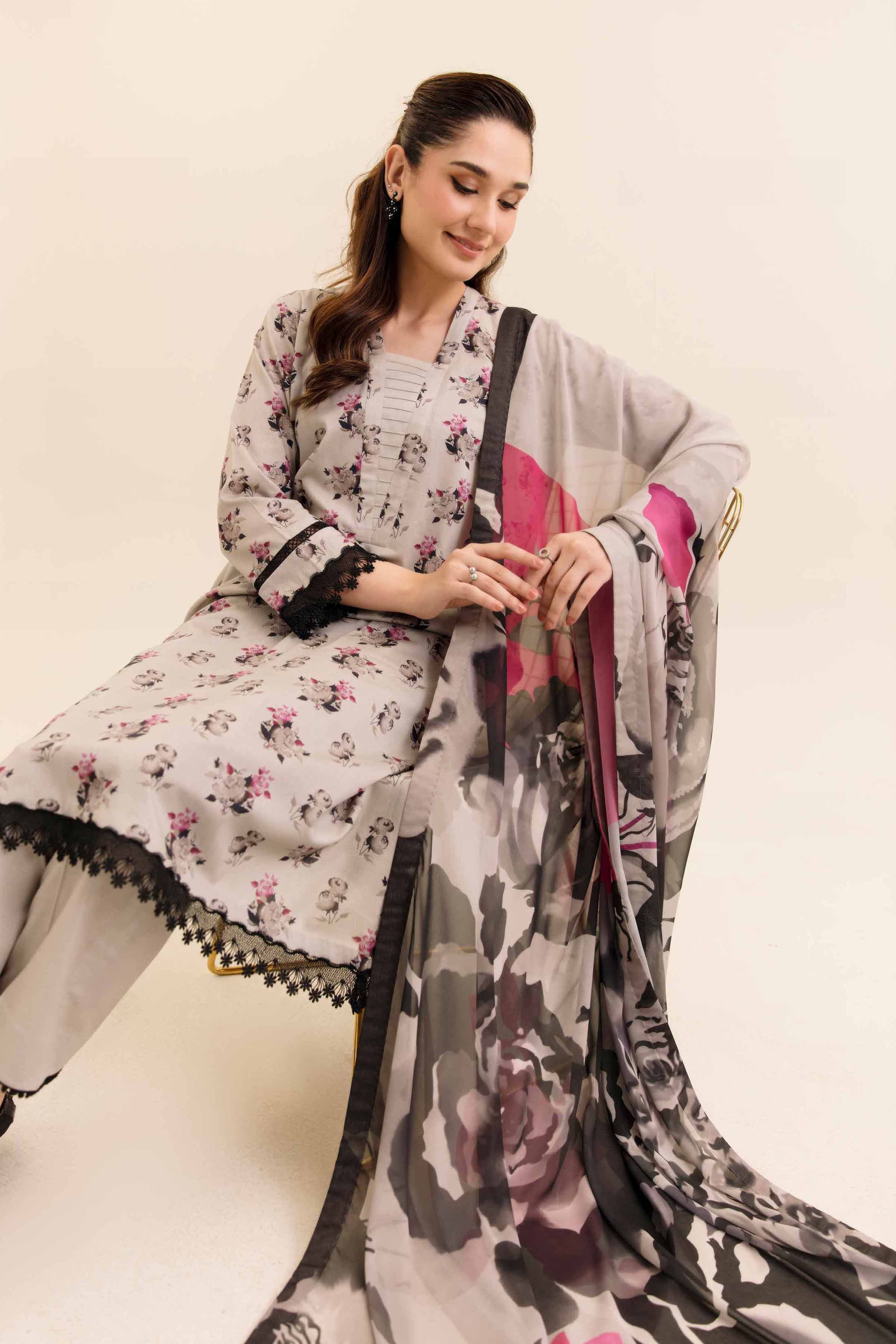 NishatUK - Grey Printed Cotton 3-piece unstitched Suit