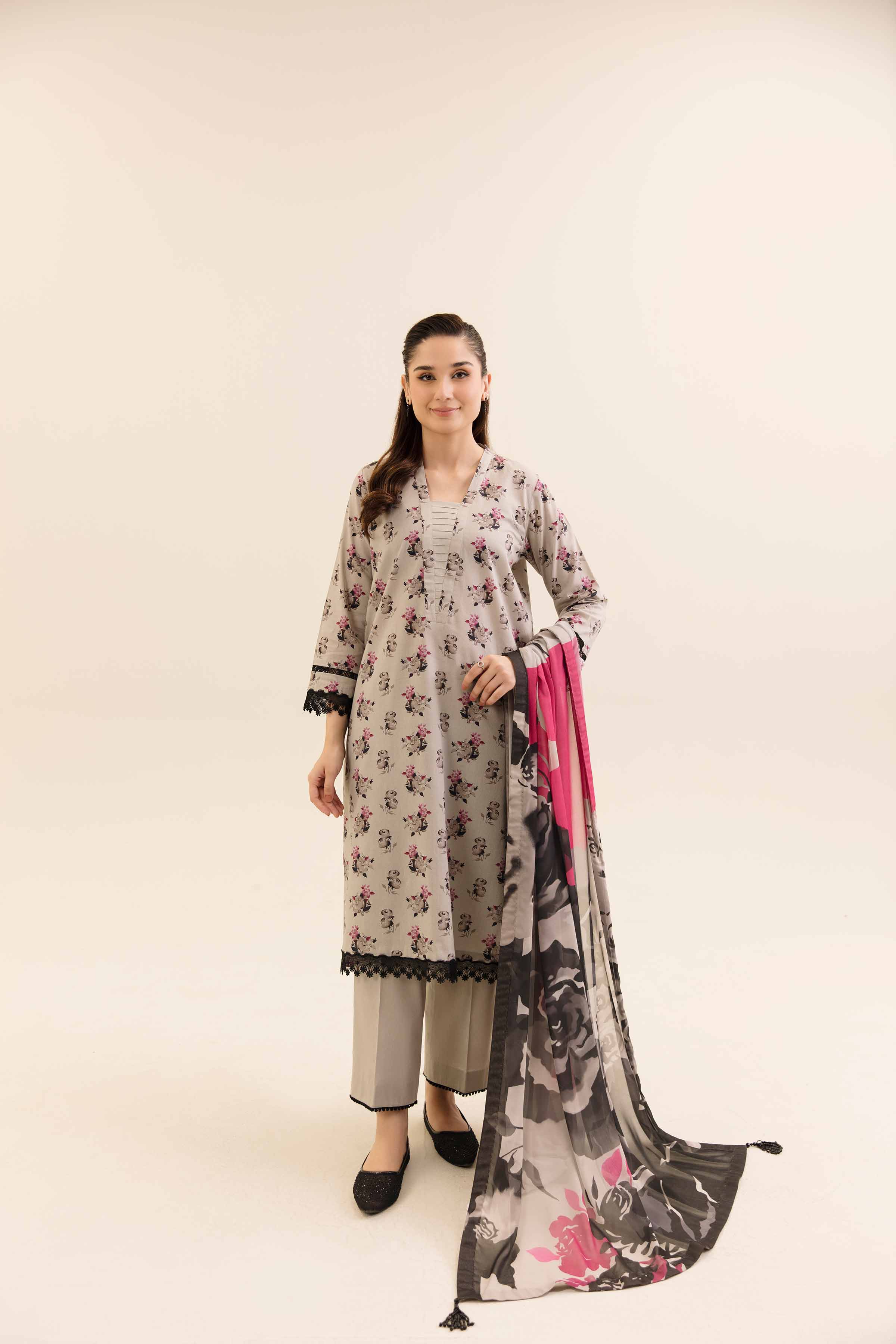 NishatUK - Grey Printed Cotton 3-piece unstitched Suit