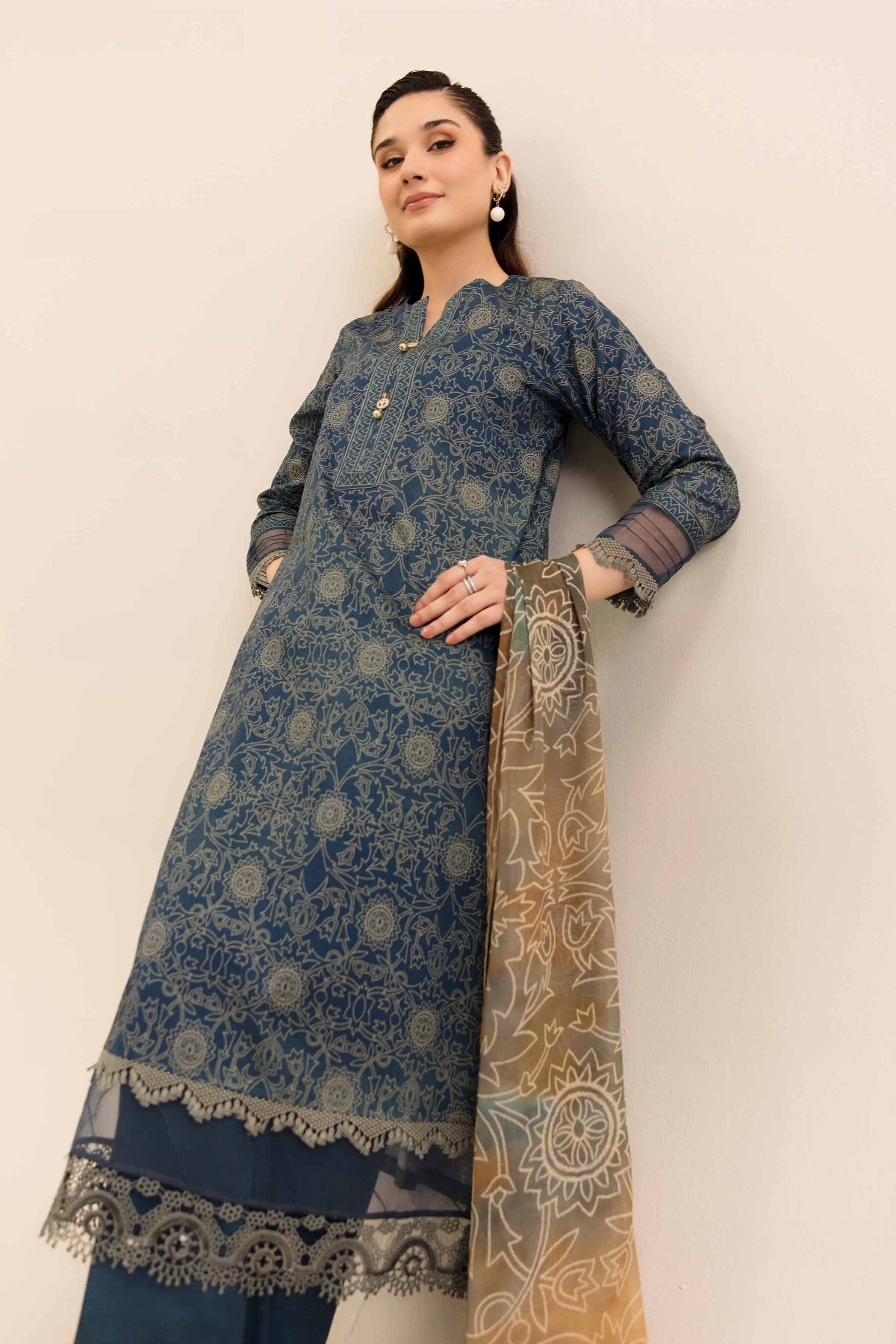 NishatUK - Blue Printed Cotton 3-piece unstitched Suit