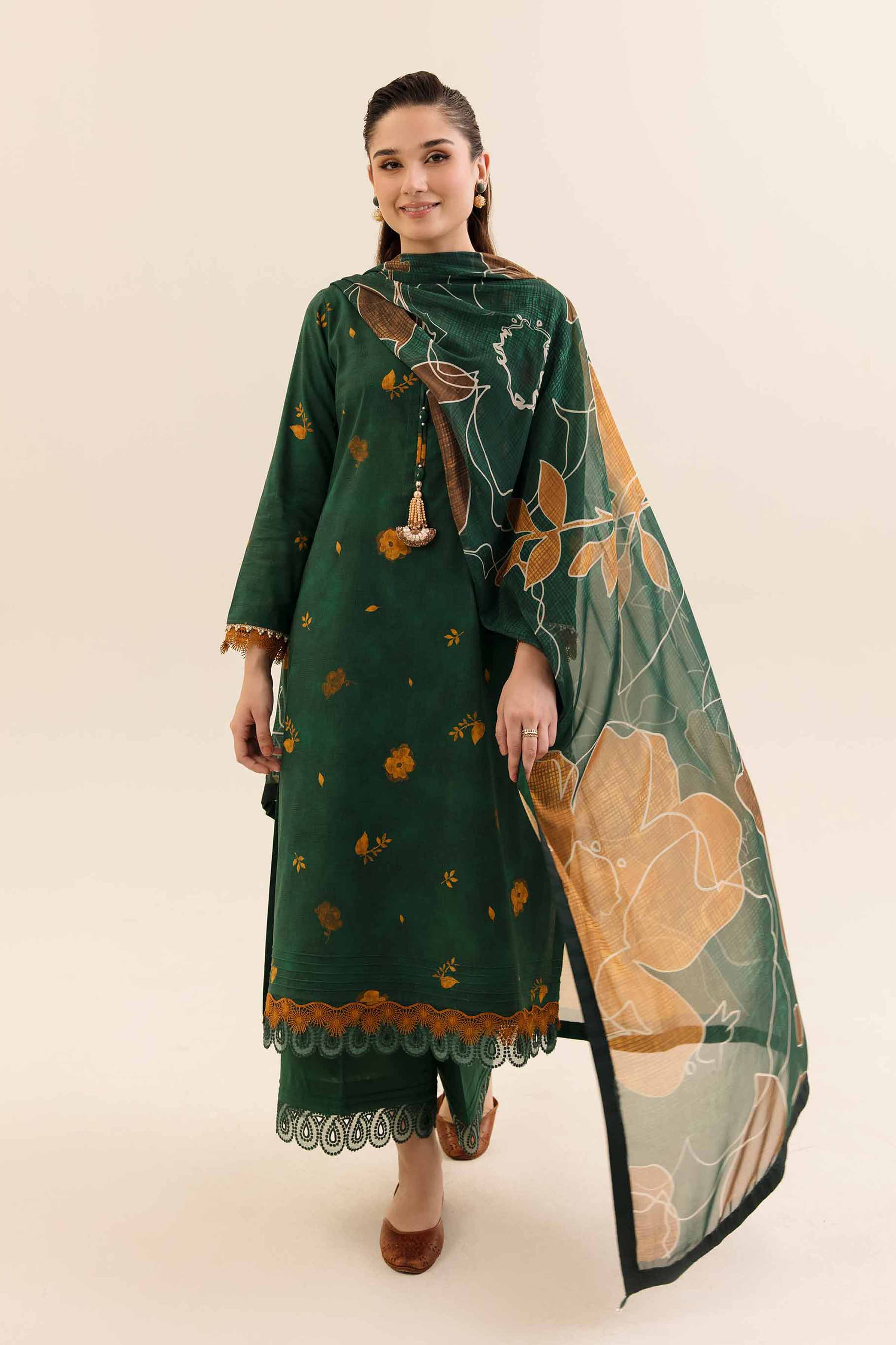 NishatUK - Green Printed Cotton 3-piece unstitched Suit
