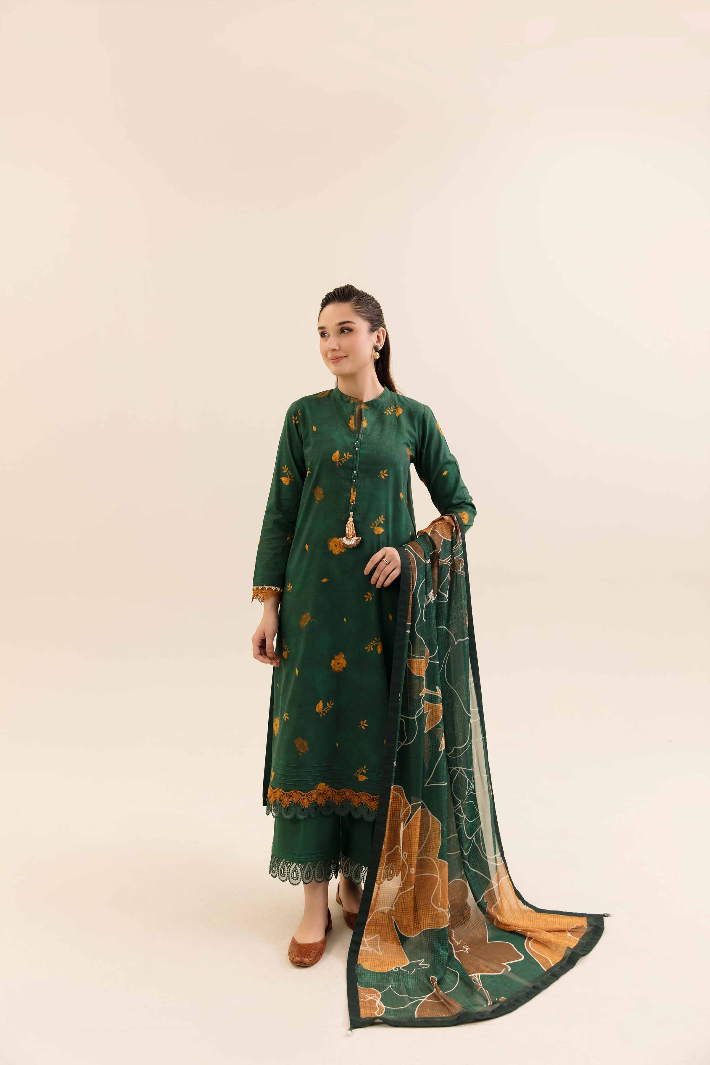 NishatUK - Green Printed Cotton 3-piece unstitched Suit