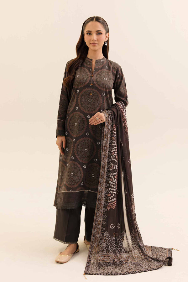 3 Piece Printed Unstitched Any Day Suit Dark Brown