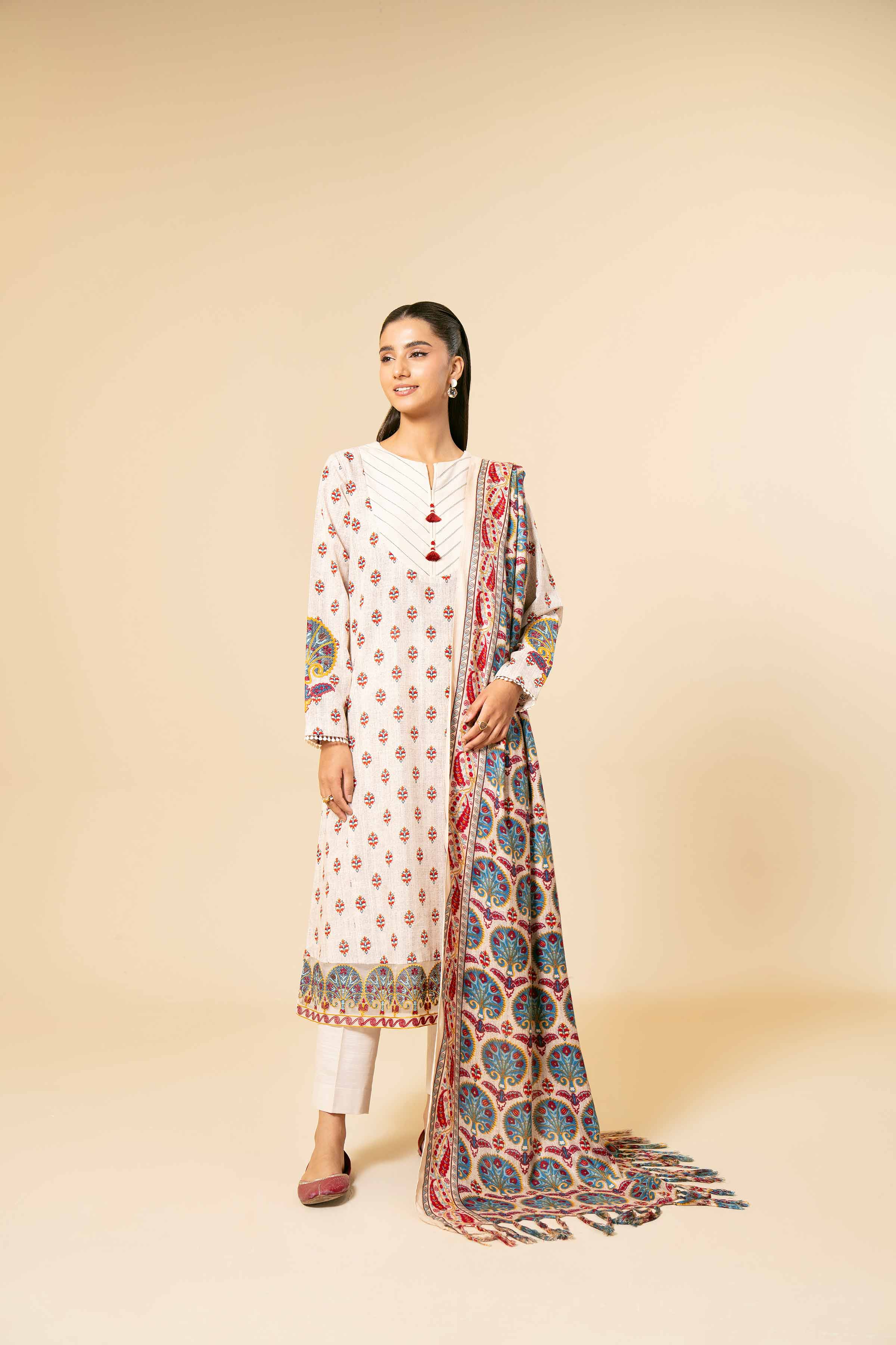 NishatUK - Beige Embroidered  Khaddar 3-piece unstitched Suit